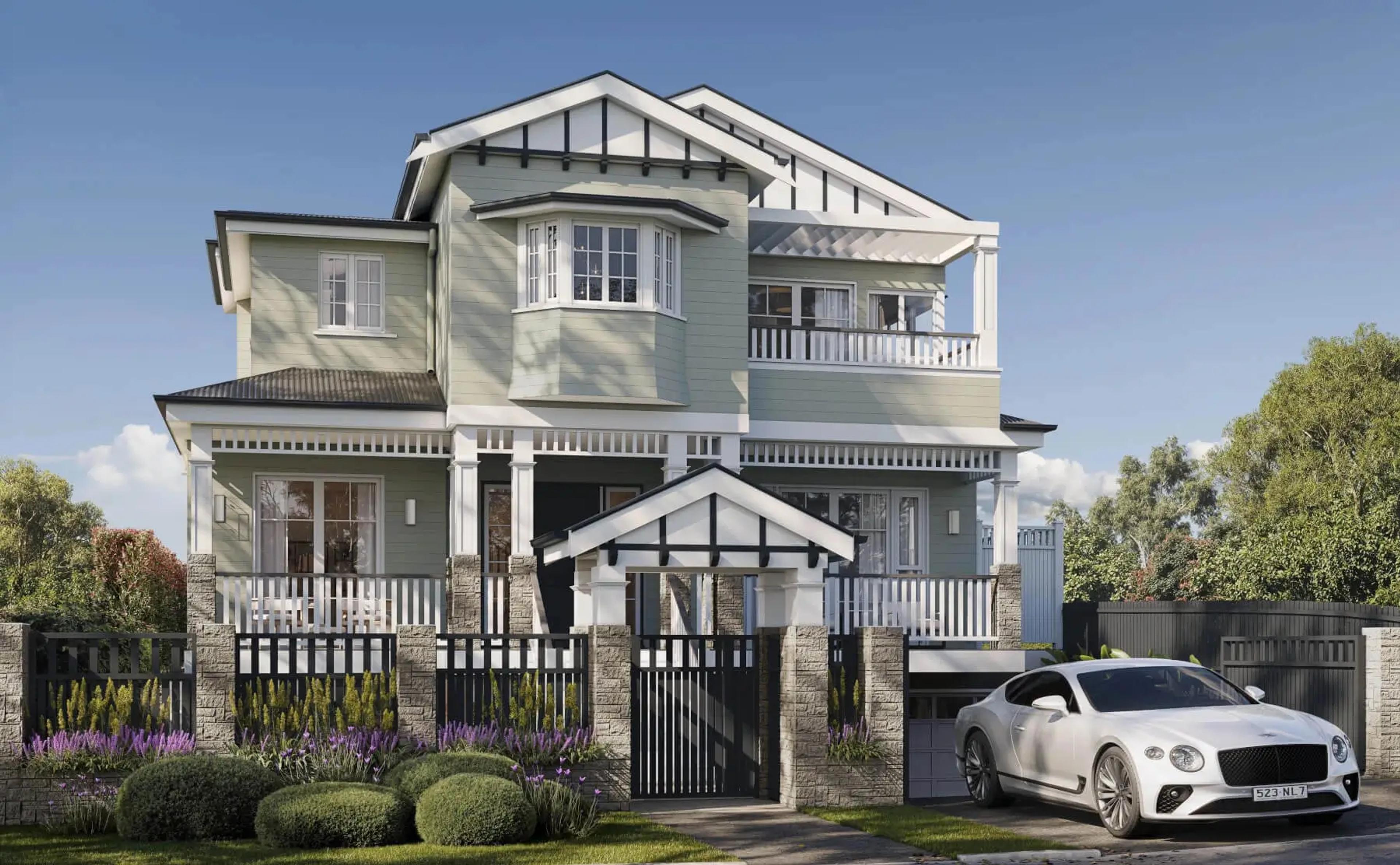 Rendered front street elevation of two storey weatherboard home