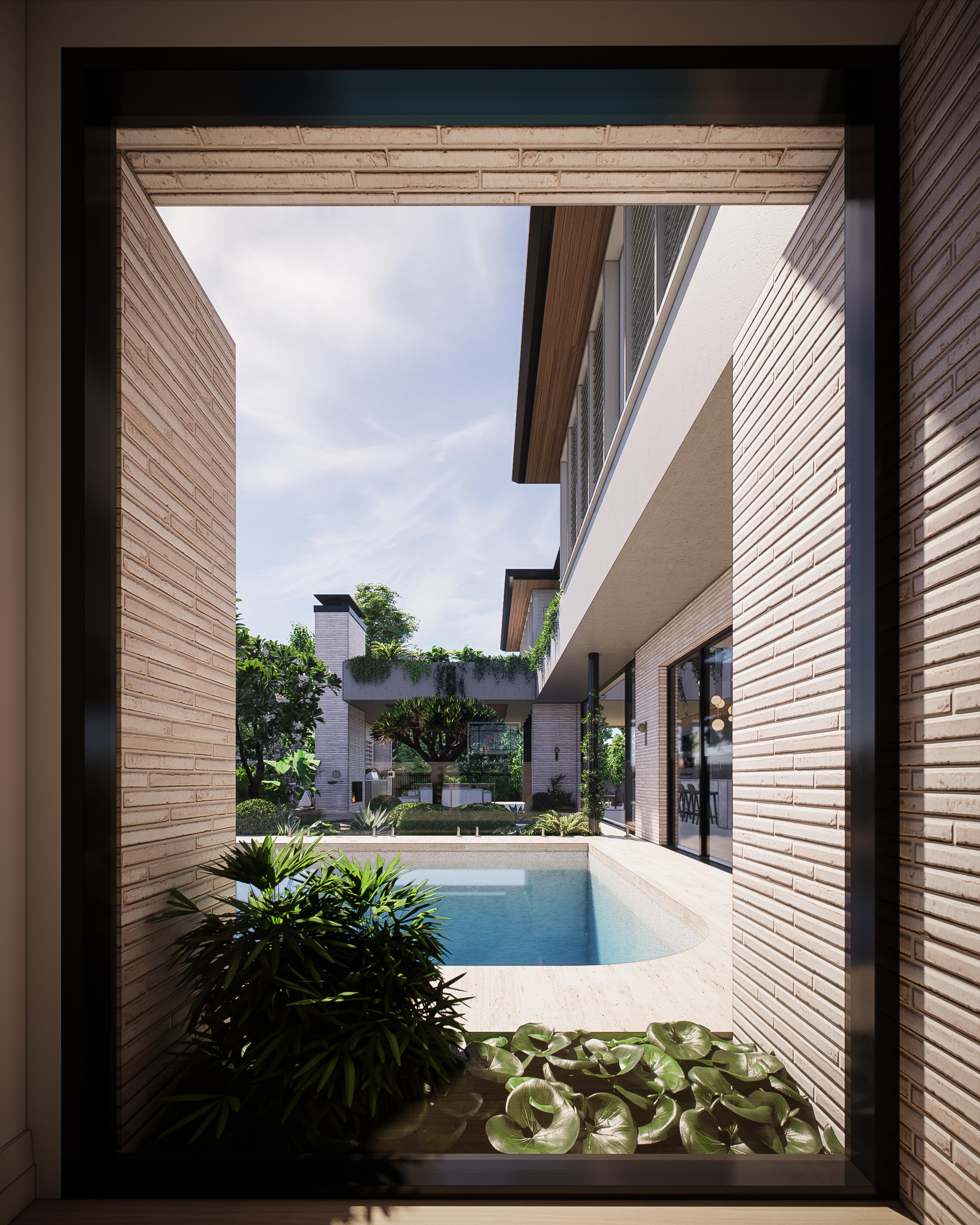 Detail of a black framed picture window with a brick reveal capturing the lap pool, lily pond and courtyard beyond