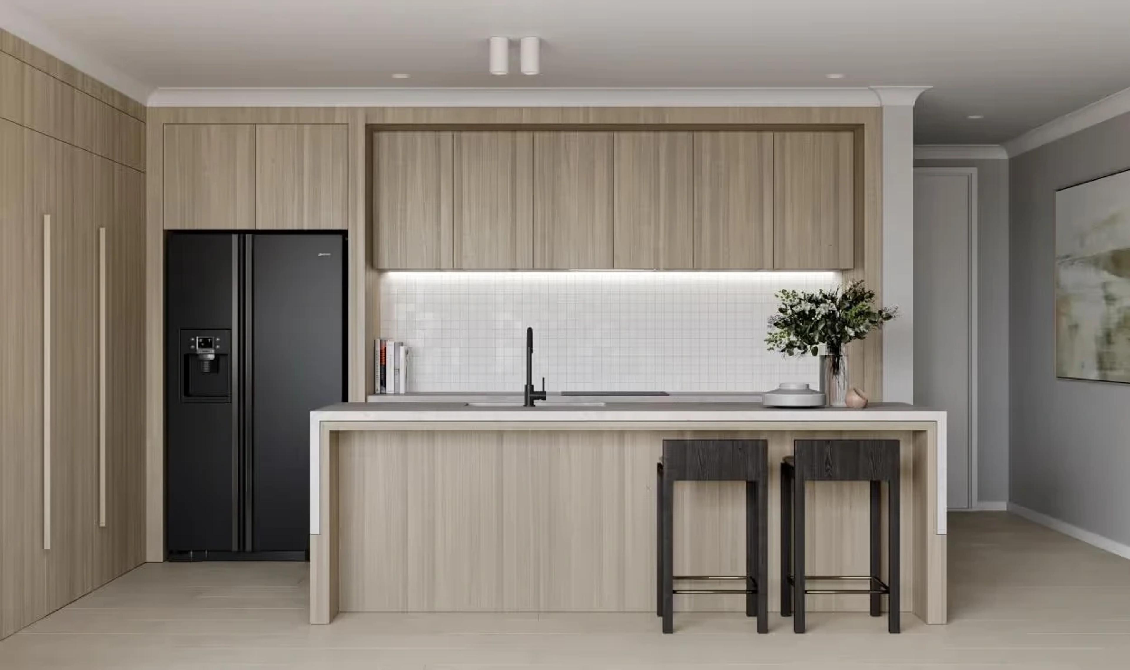 Modern kitchen with timber cabinetry, black fridge and island bench