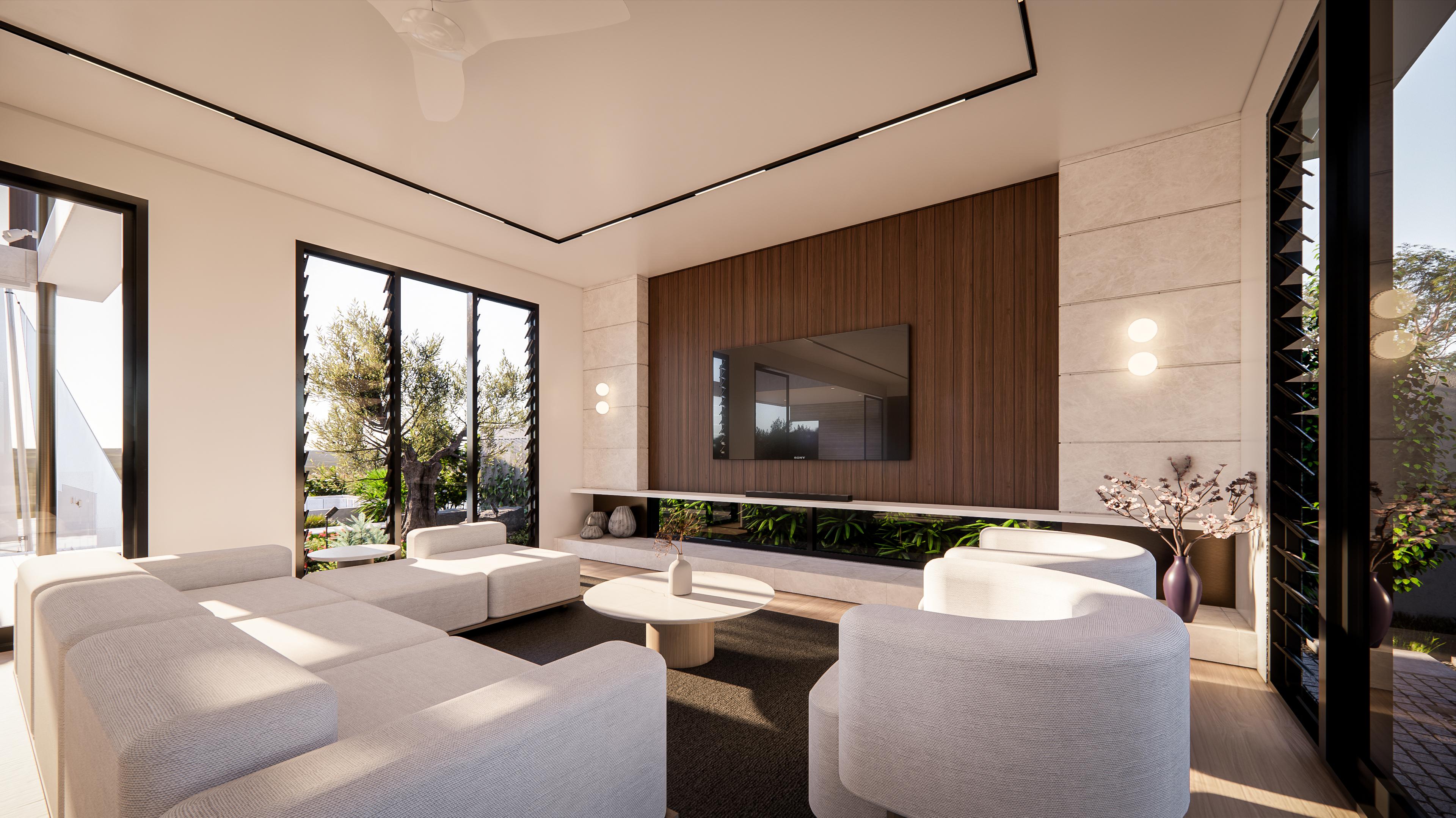 Snug media lounge with white sofas, timber television wall, greenery planter and louvred windows to the garden