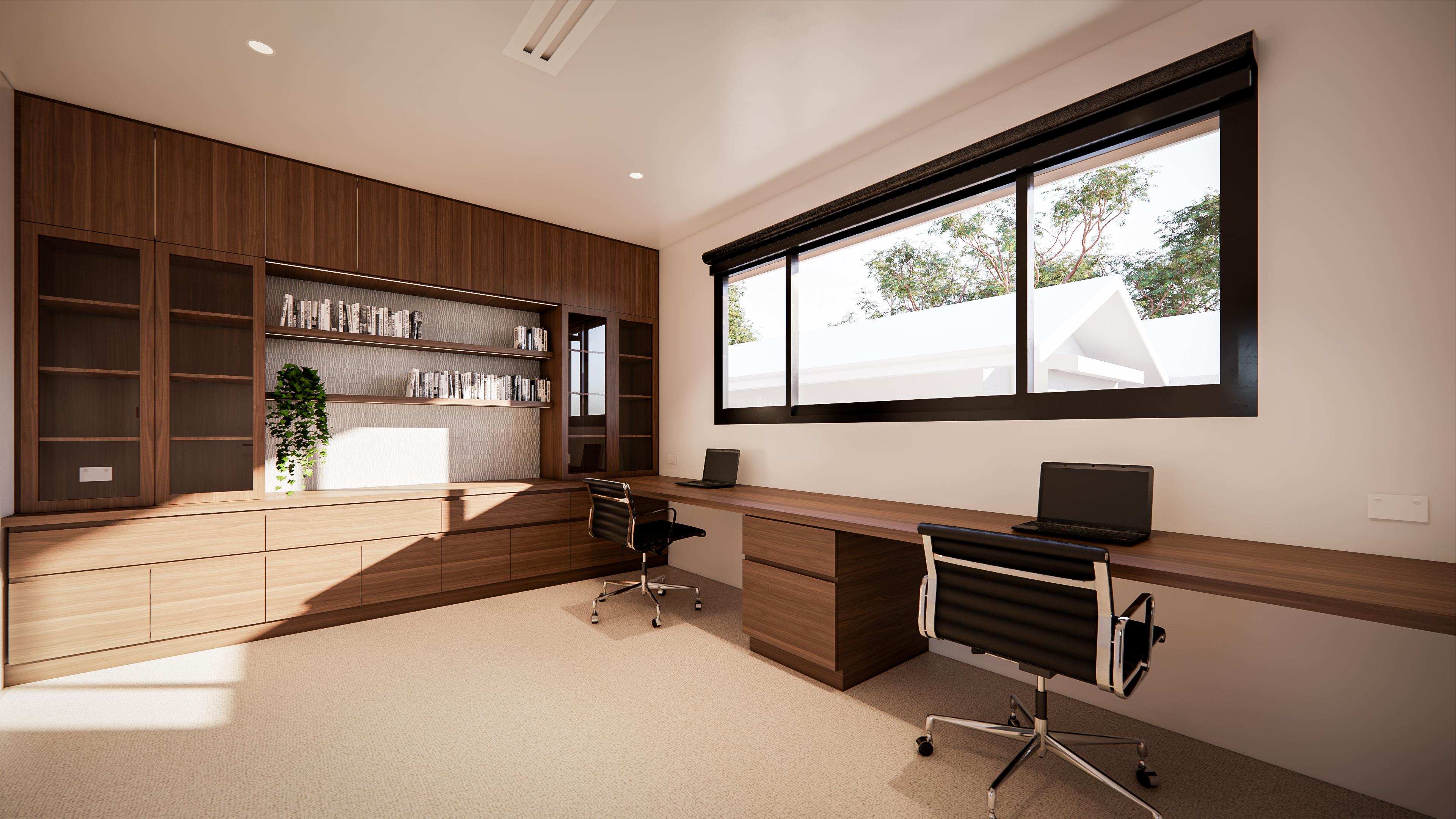 Home office with twin desks, walnut shelving and cabinetry beneath a long picture window framing treetops