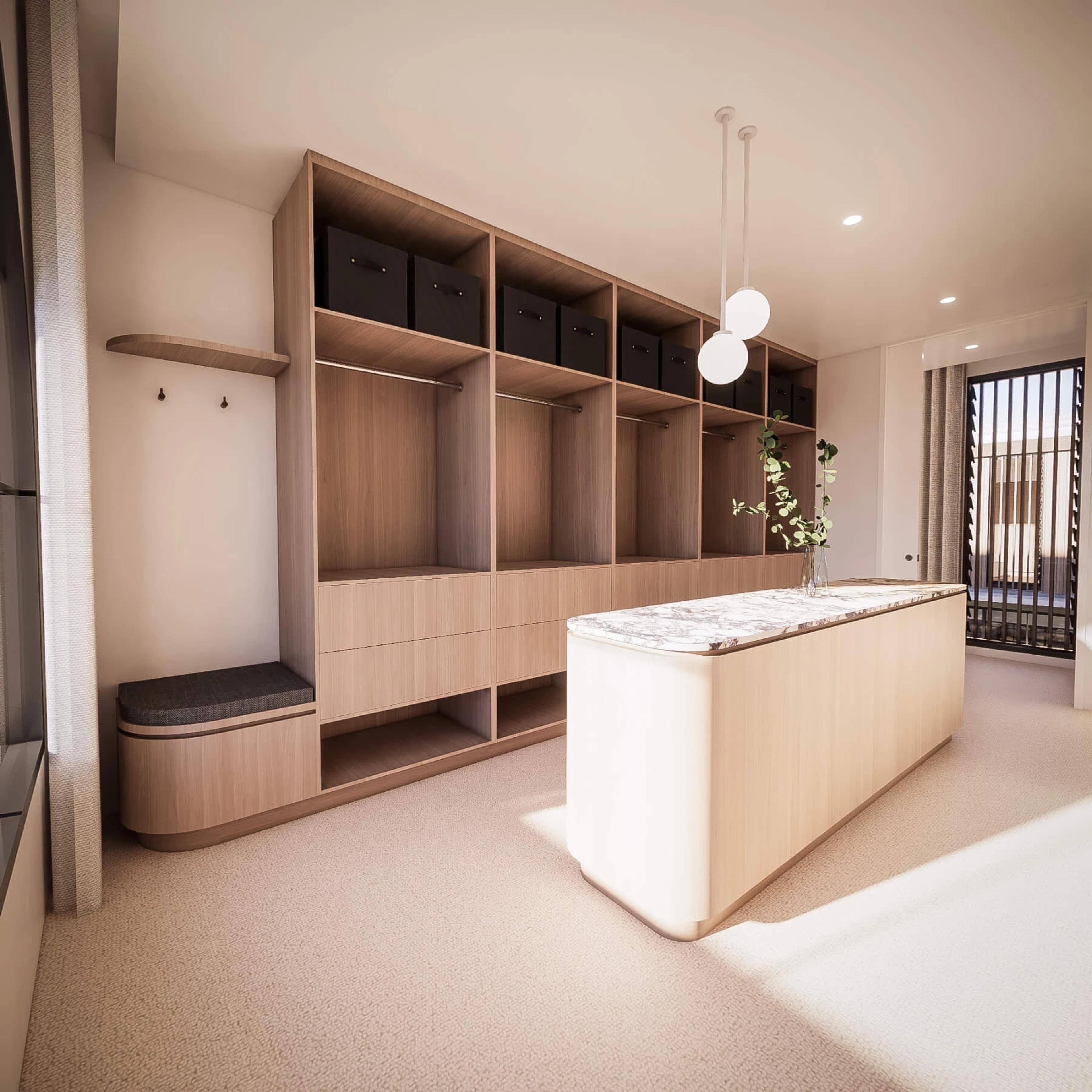 Dressing room render with open timber shelving and island