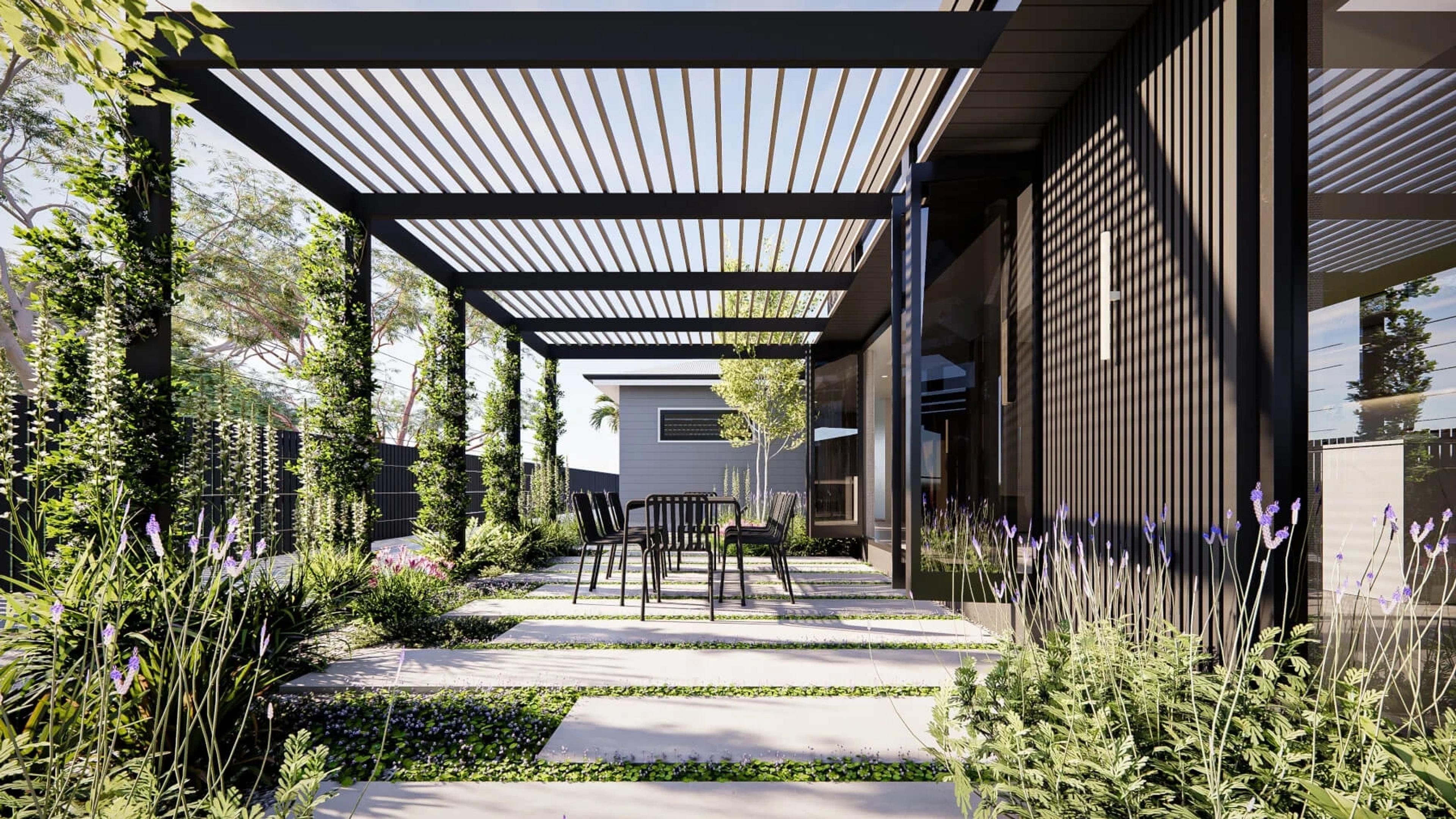 Landscaped courtyard with pergola, paved path and outdoor dining