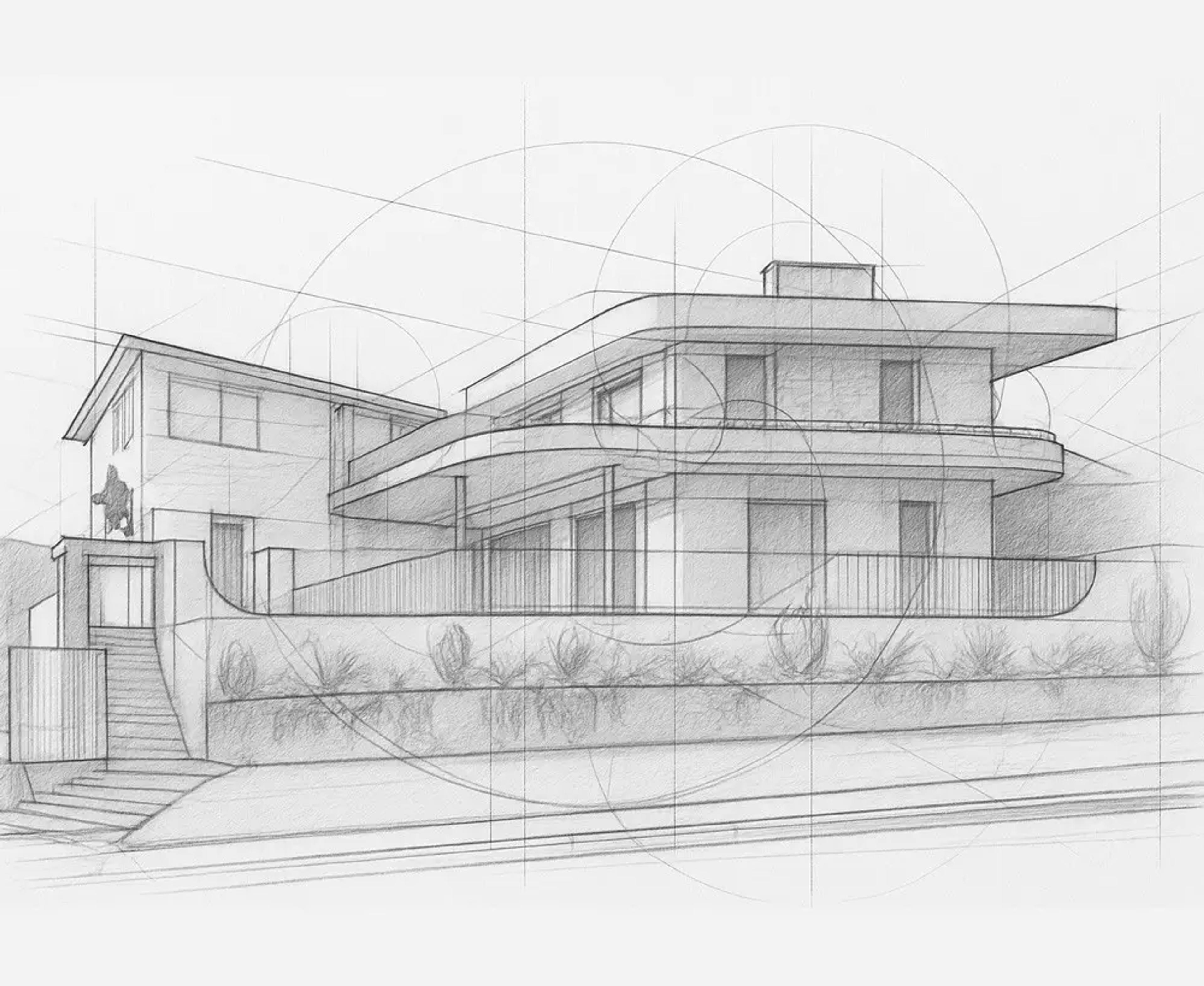 Concept sketch of a two-storey contemporary home, the early design stage an architect's fee covers.