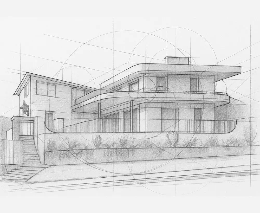 Concept sketch of a two-storey contemporary home, the early design stage an architect's fee covers.