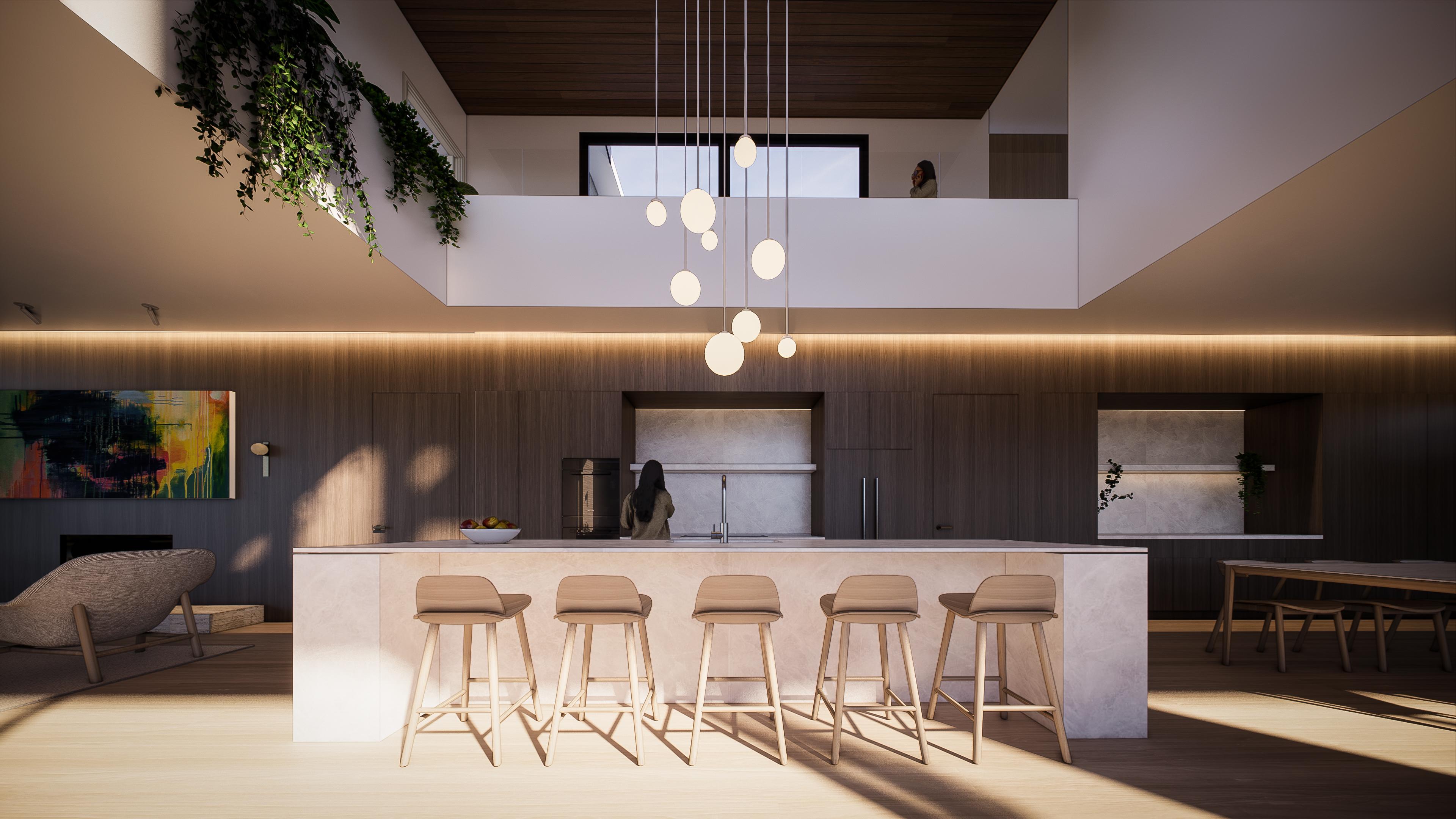 Kitchen with a large stone island, timber bar stools and cluster pendants hung within a double height void and mezzanine