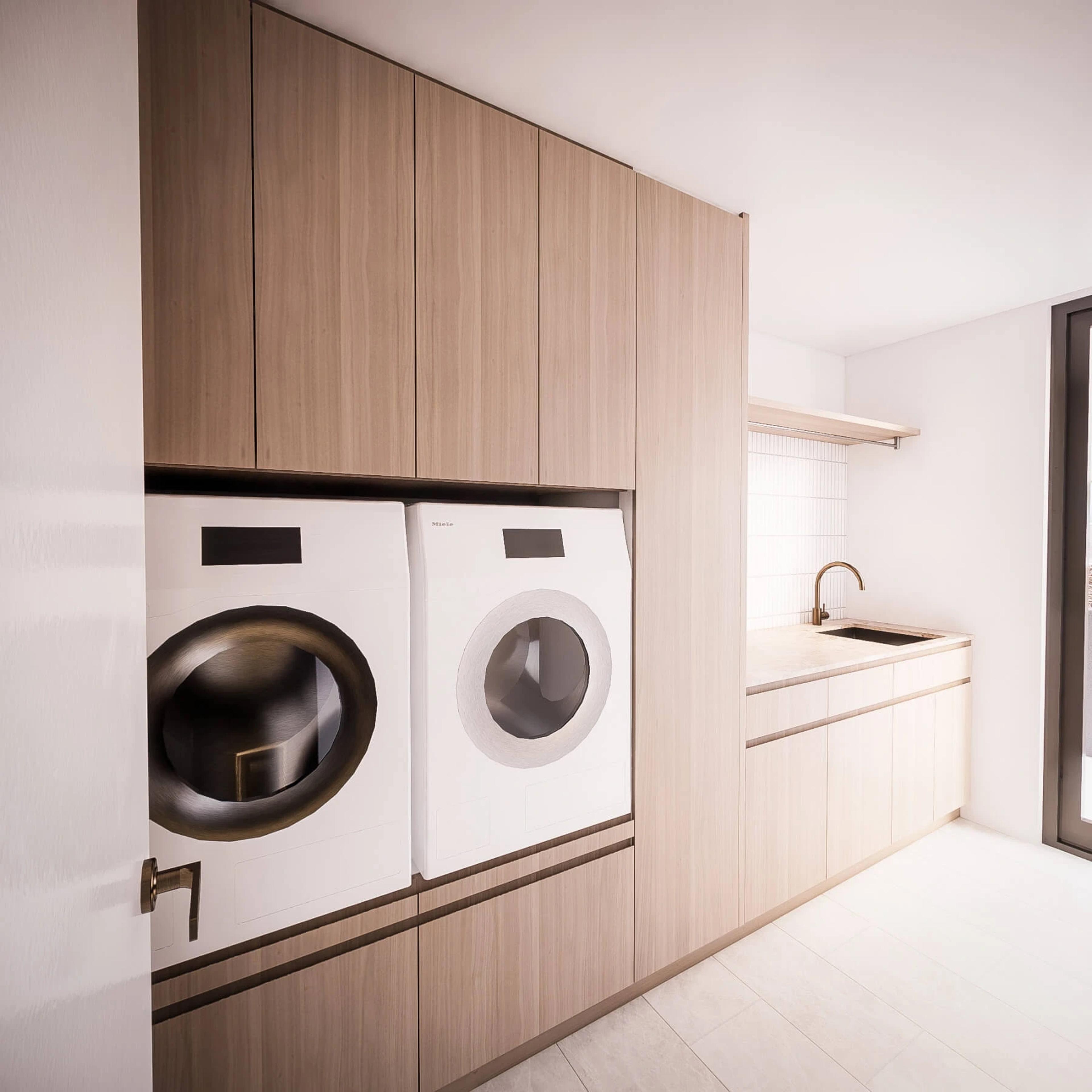Laundry render with timber joinery, twin washers and sink