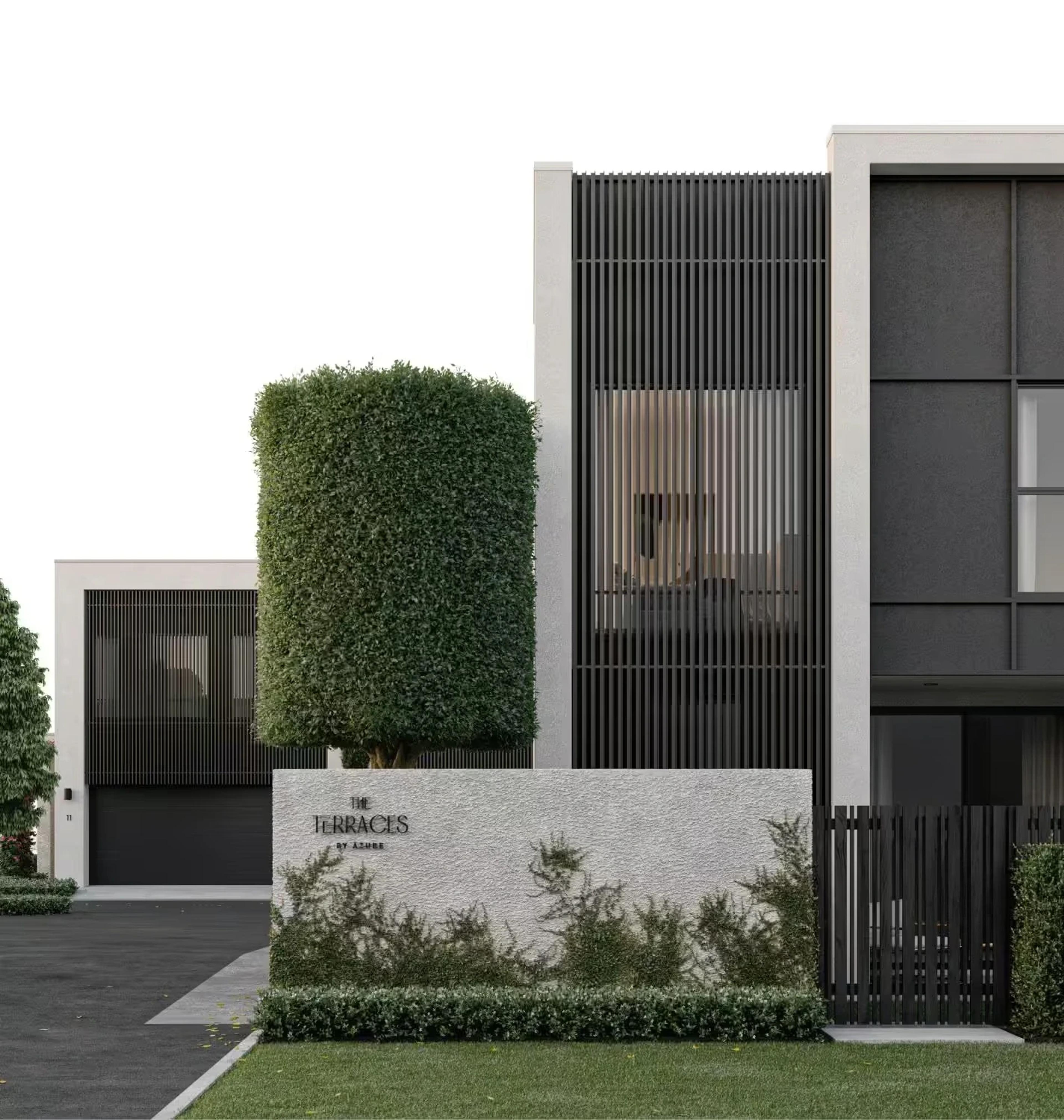 Entry render with signage wall, clipped hedge and townhouse behind