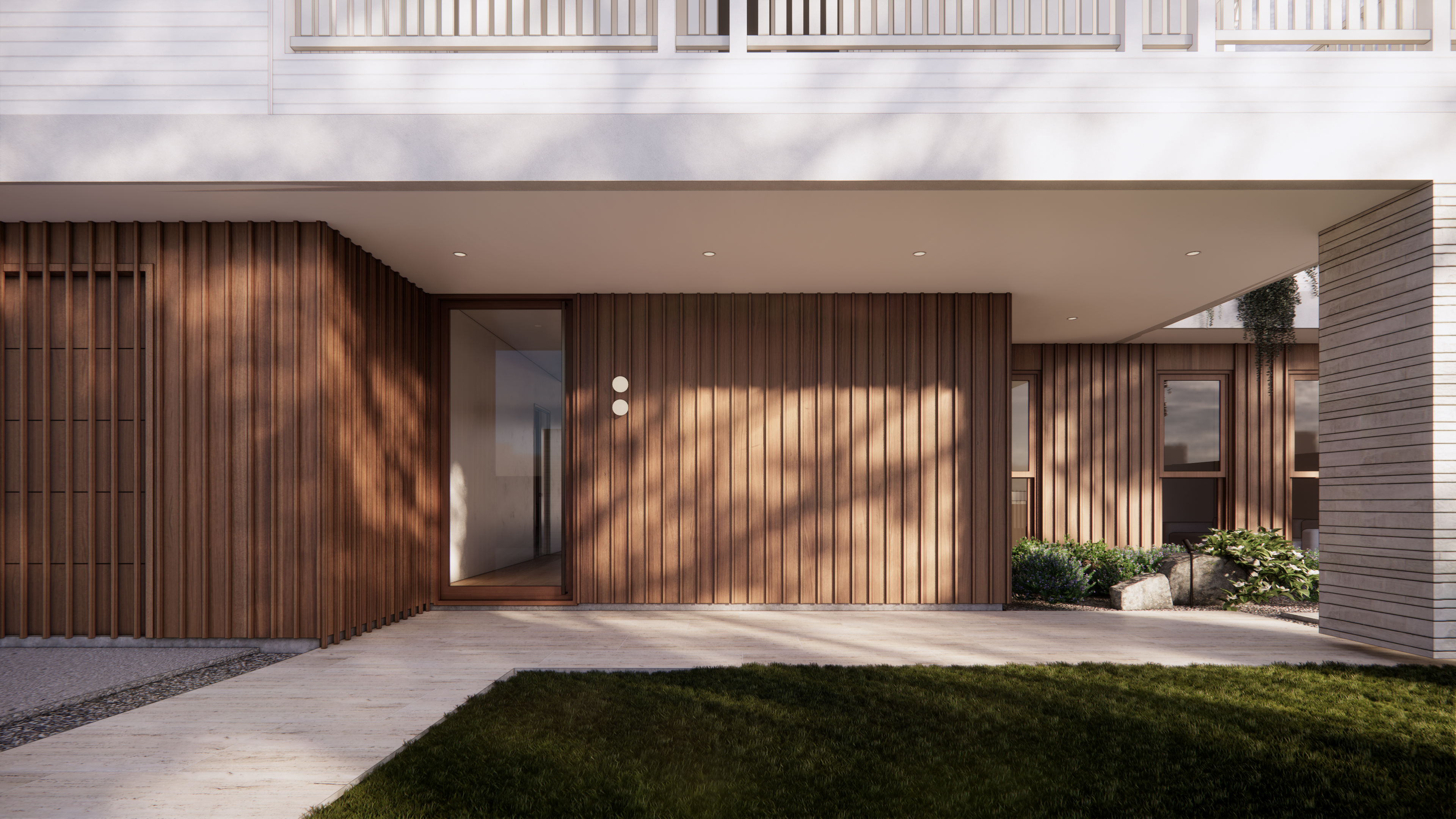 Entry detail with vertical timber cladding, full height glazed pivot door and softly planted garden edge