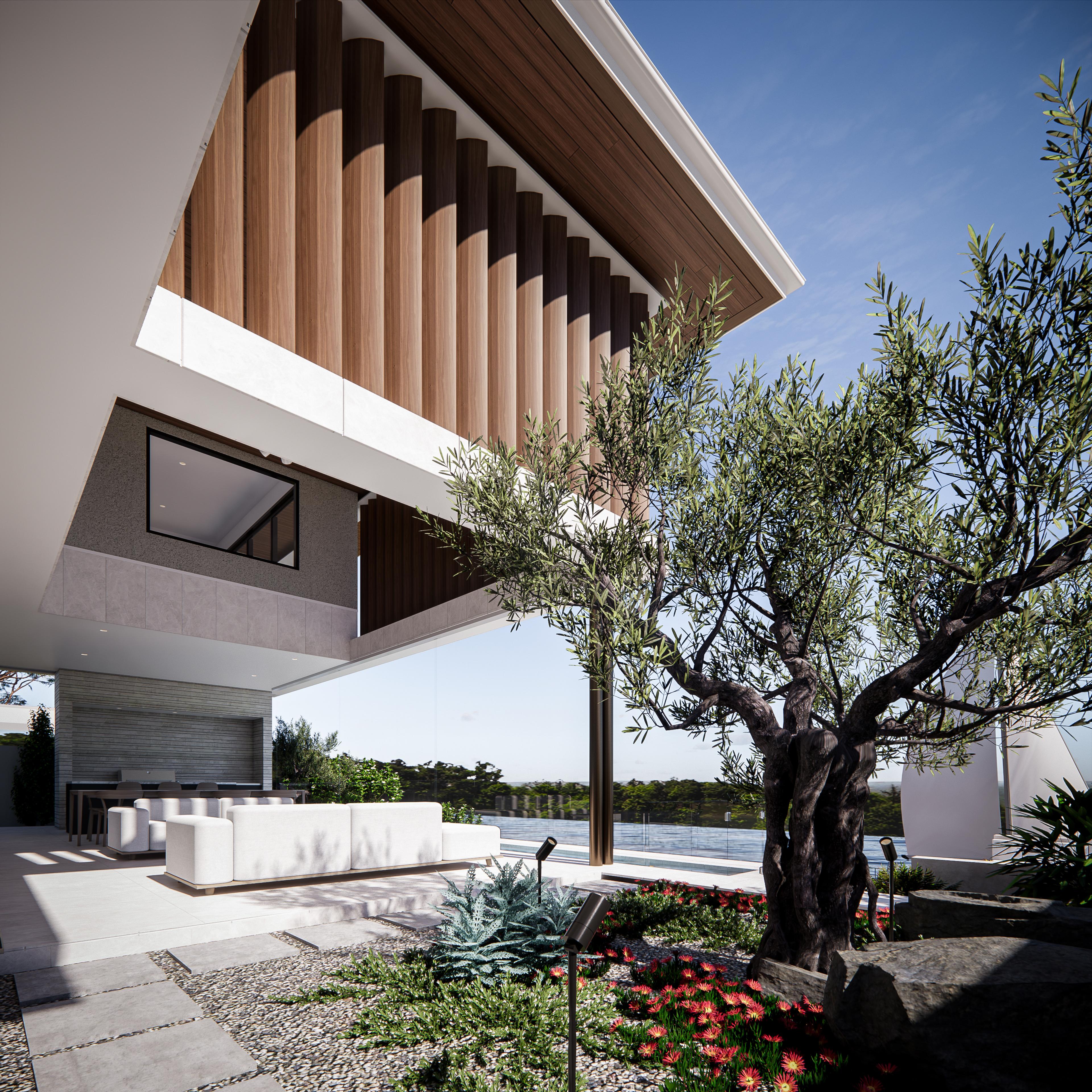 Outdoor lounge and kitchen sheltered by the timber batten soffit with garden and distant water outlook