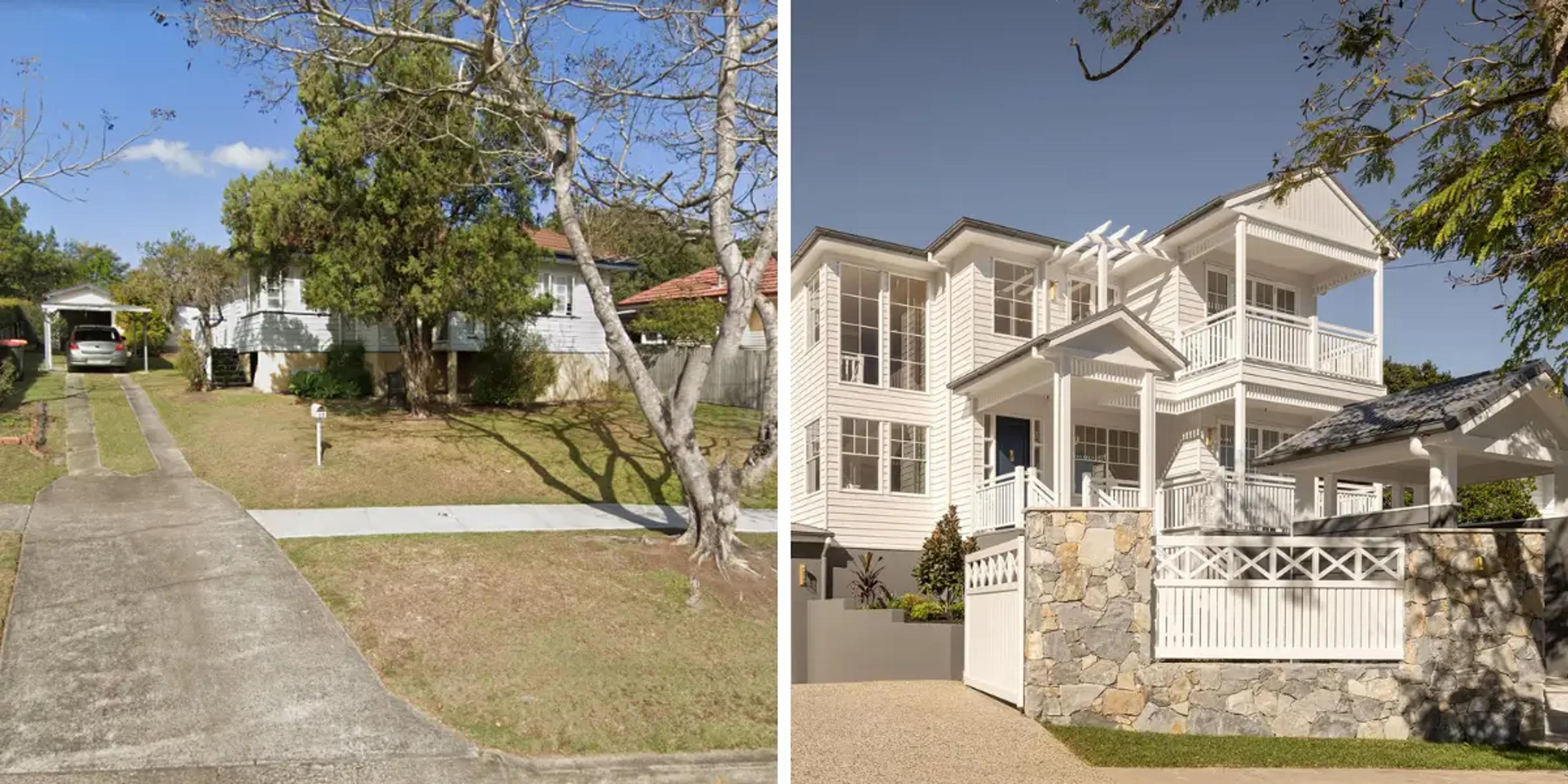 Before and after comparison of a knock down rebuild home in Brisbane designed by Invilla Architecture.