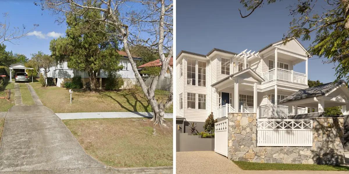 Before and after comparison of a knock down rebuild home in Brisbane designed by Invilla Architecture.
