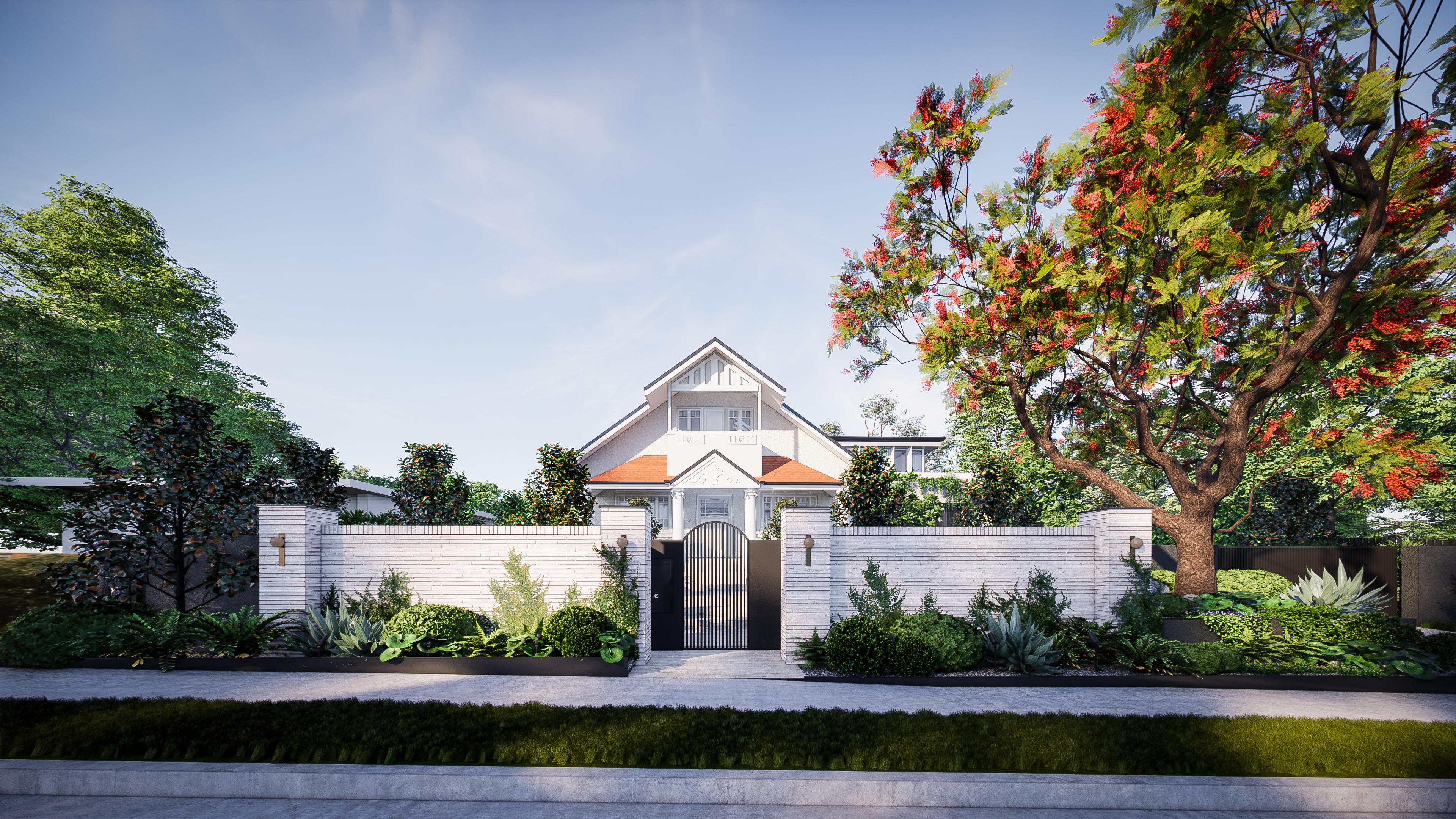 Street frontage of the character home behind a white brick fence and steel entry gate framed by a flowering poinciana tree