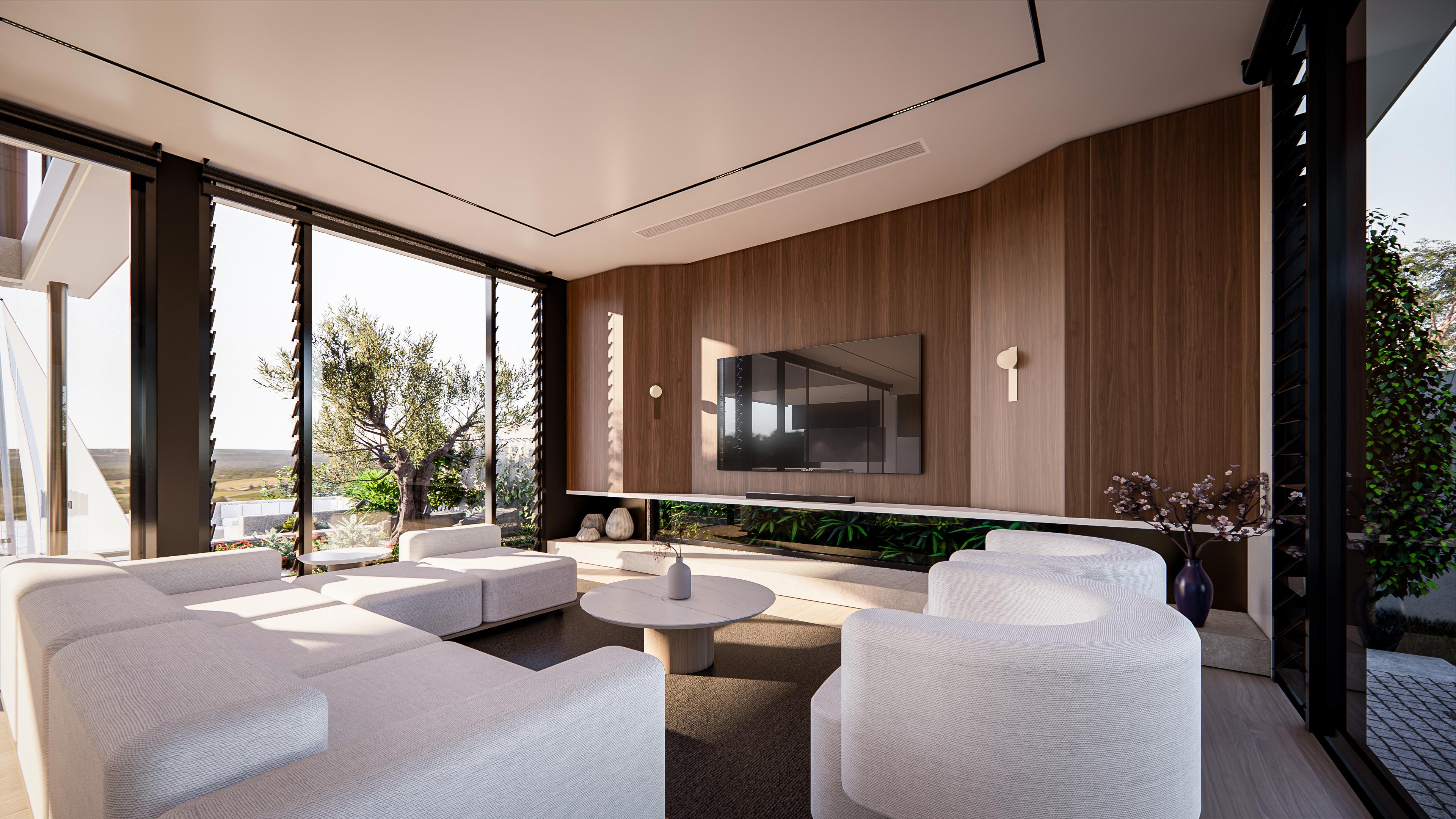 Media room with curved white armchairs, walnut feature wall, television and planter box beside garden views