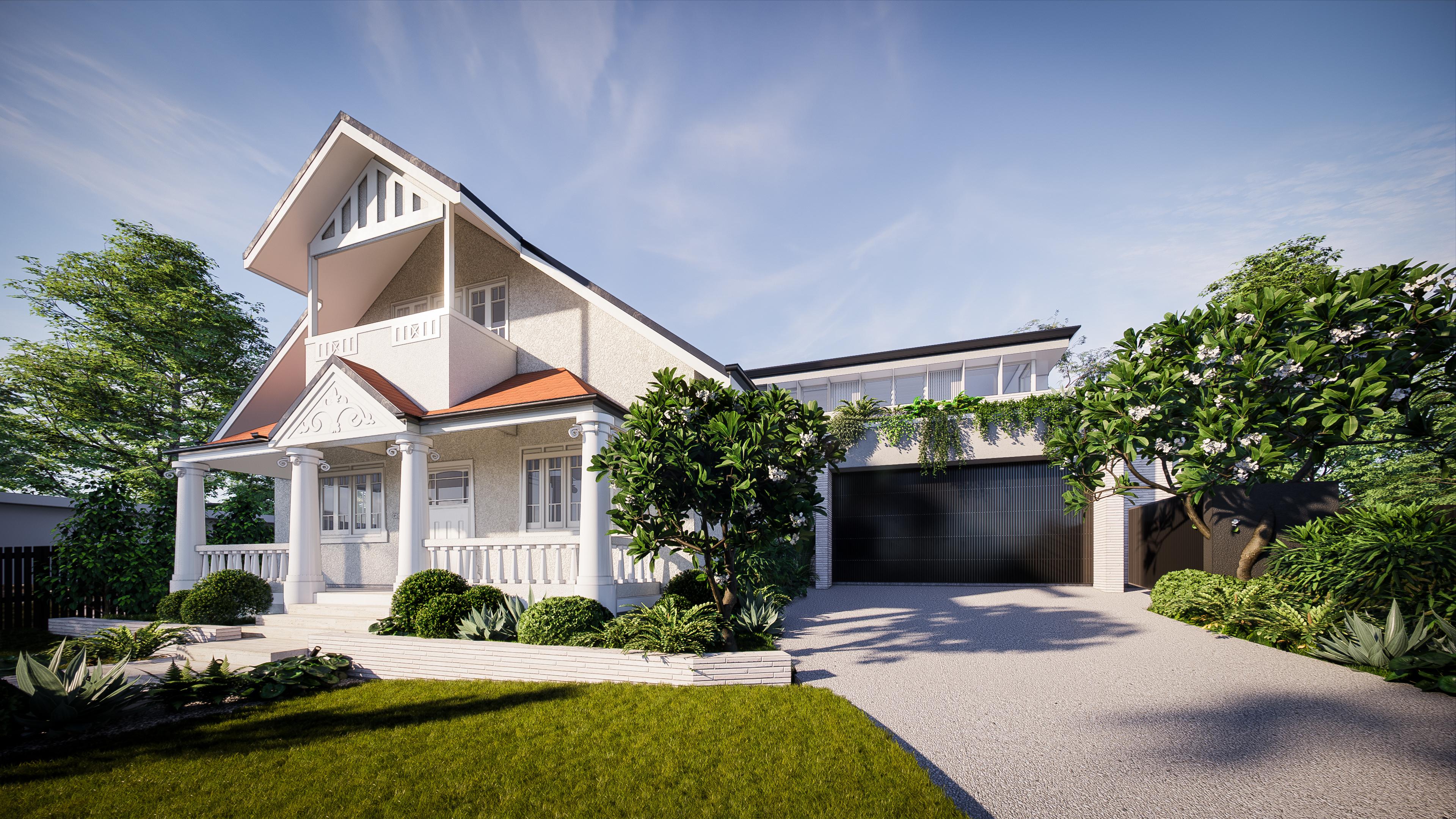 Side view of the heritage porch and balcony beside the contemporary garage wing with a gravel driveway and lawn