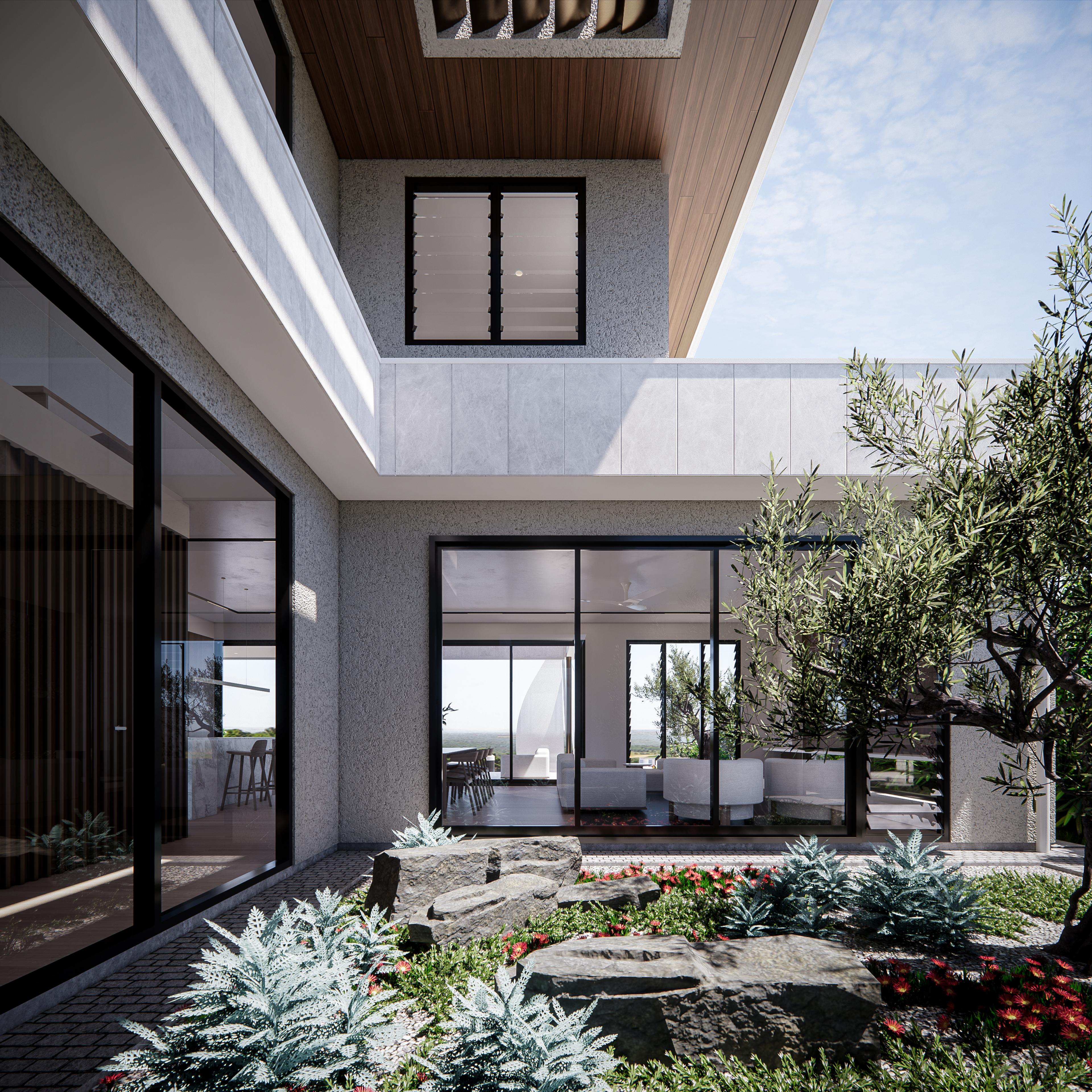 Internal courtyard garden with boulders, native planting and olive tree framed by full-height glazed walls