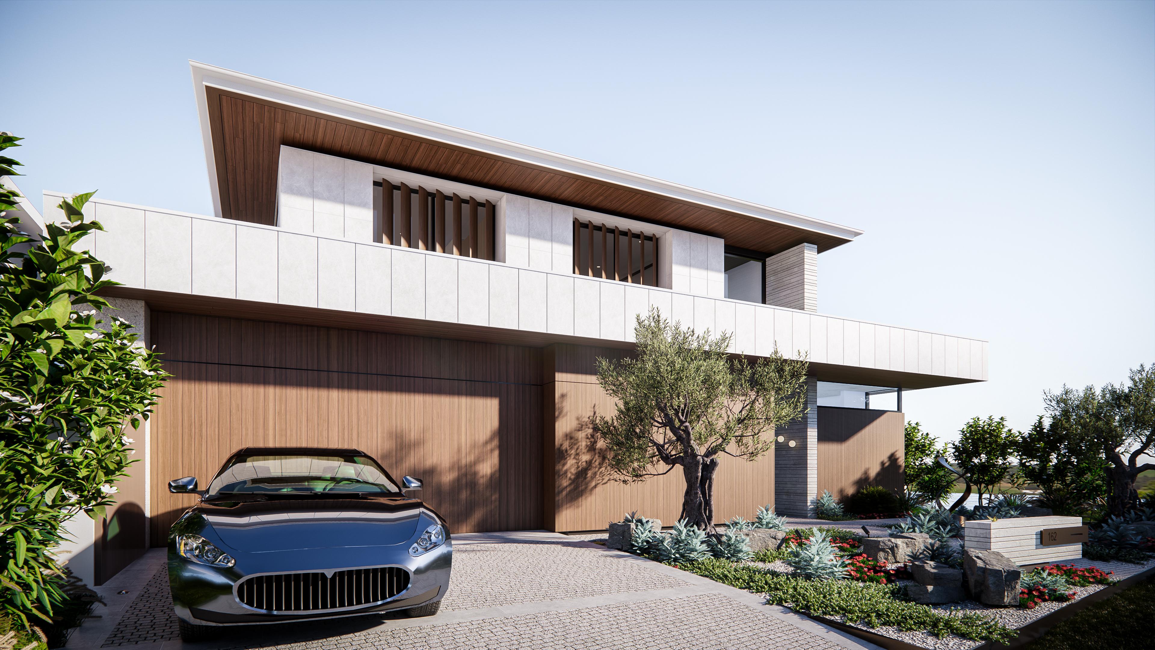 Front facade of a contemporary two-storey home with timber garage, vertical screening and an olive tree over a paved driveway