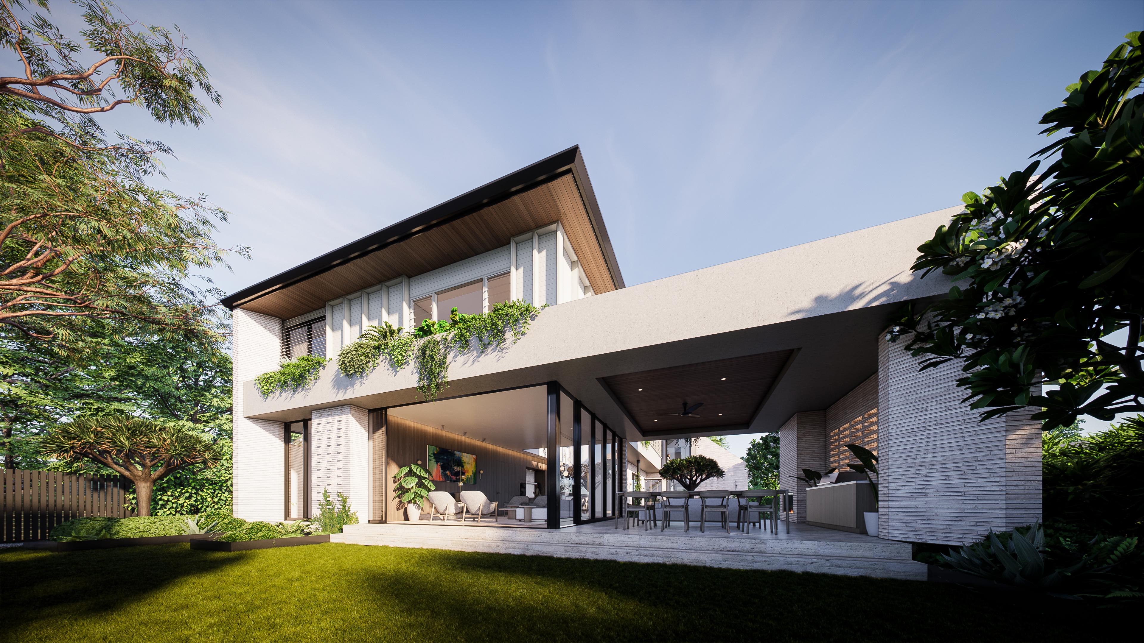 Rear elevation with cantilevered timber lined roof, planted balcony and open alfresco viewed across a green backyard