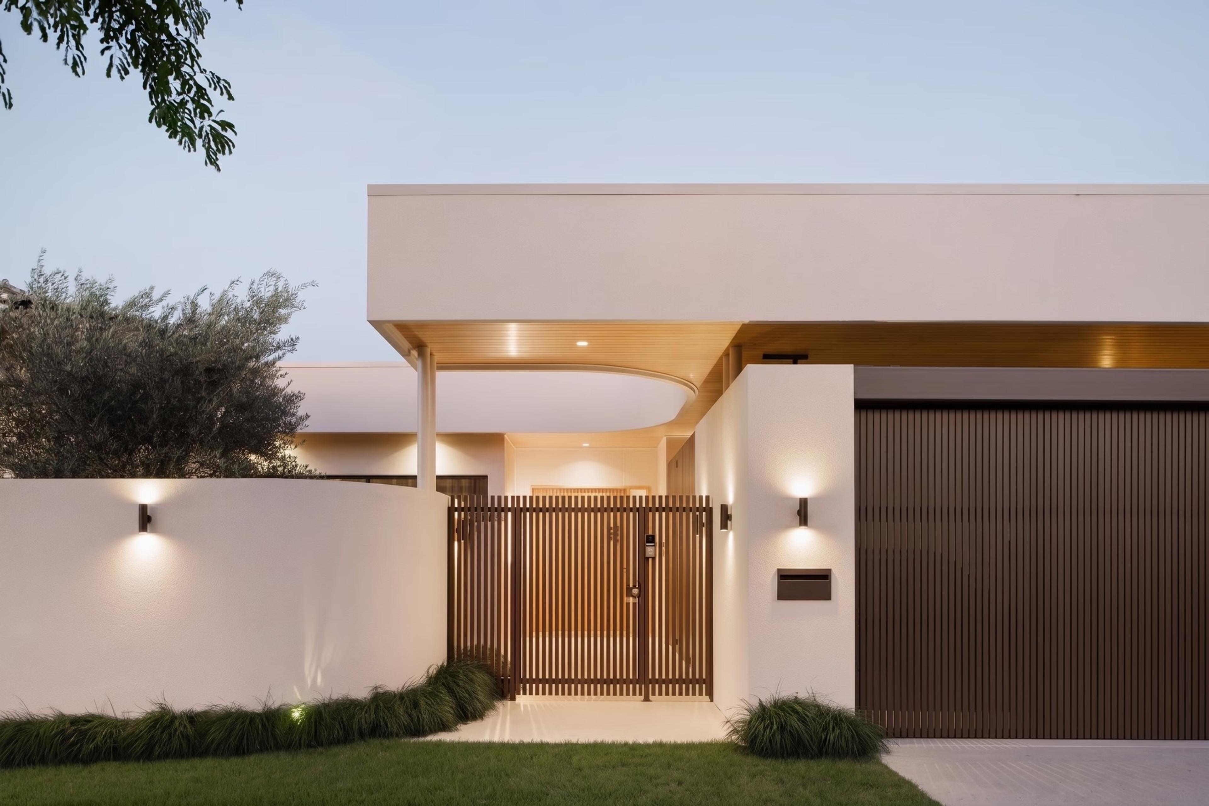 Street facade at dusk with timber entry gate and garage