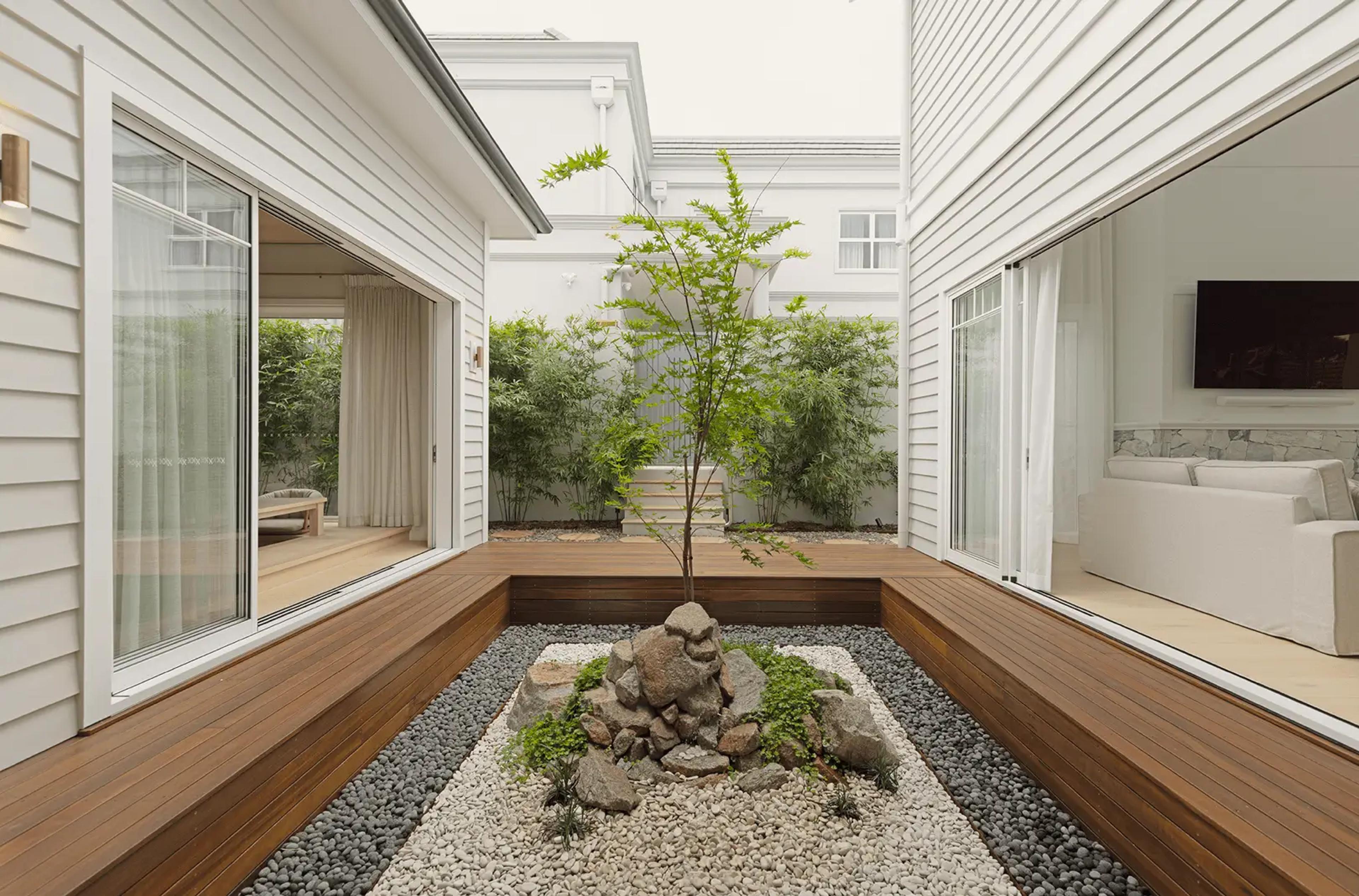 Internal courtyard with pebbles, rocks and single tree