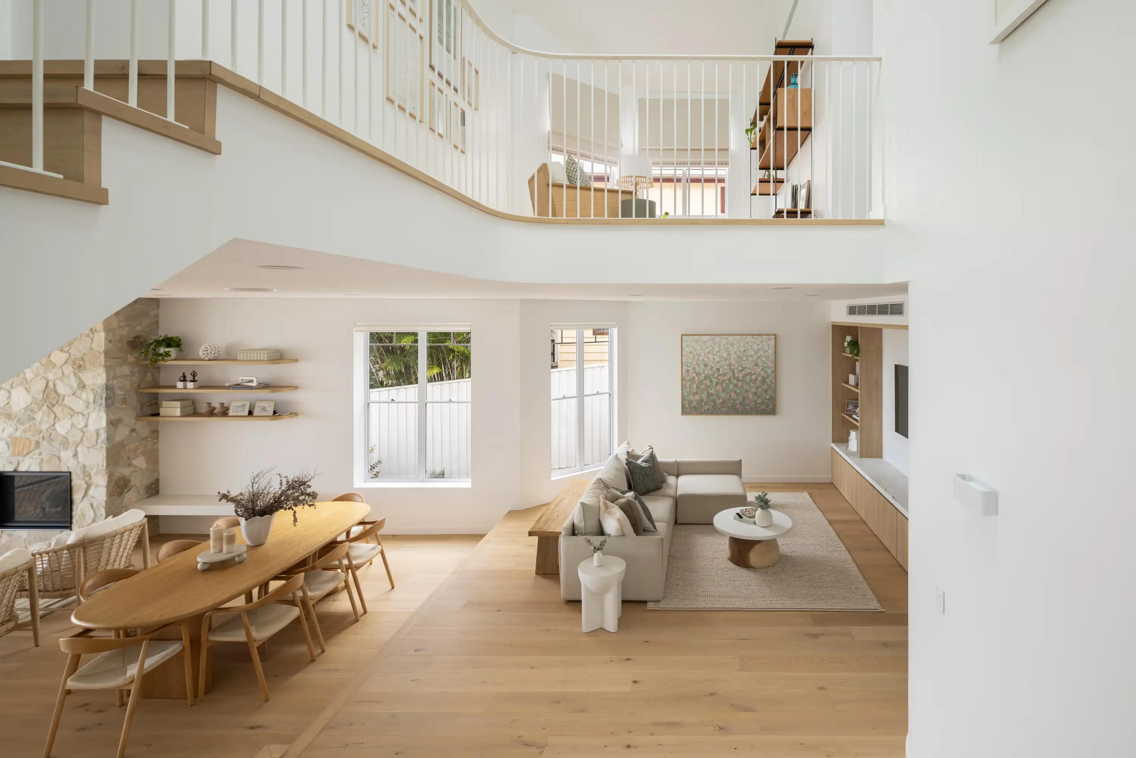 Split-level interior showing living and dining stepping down