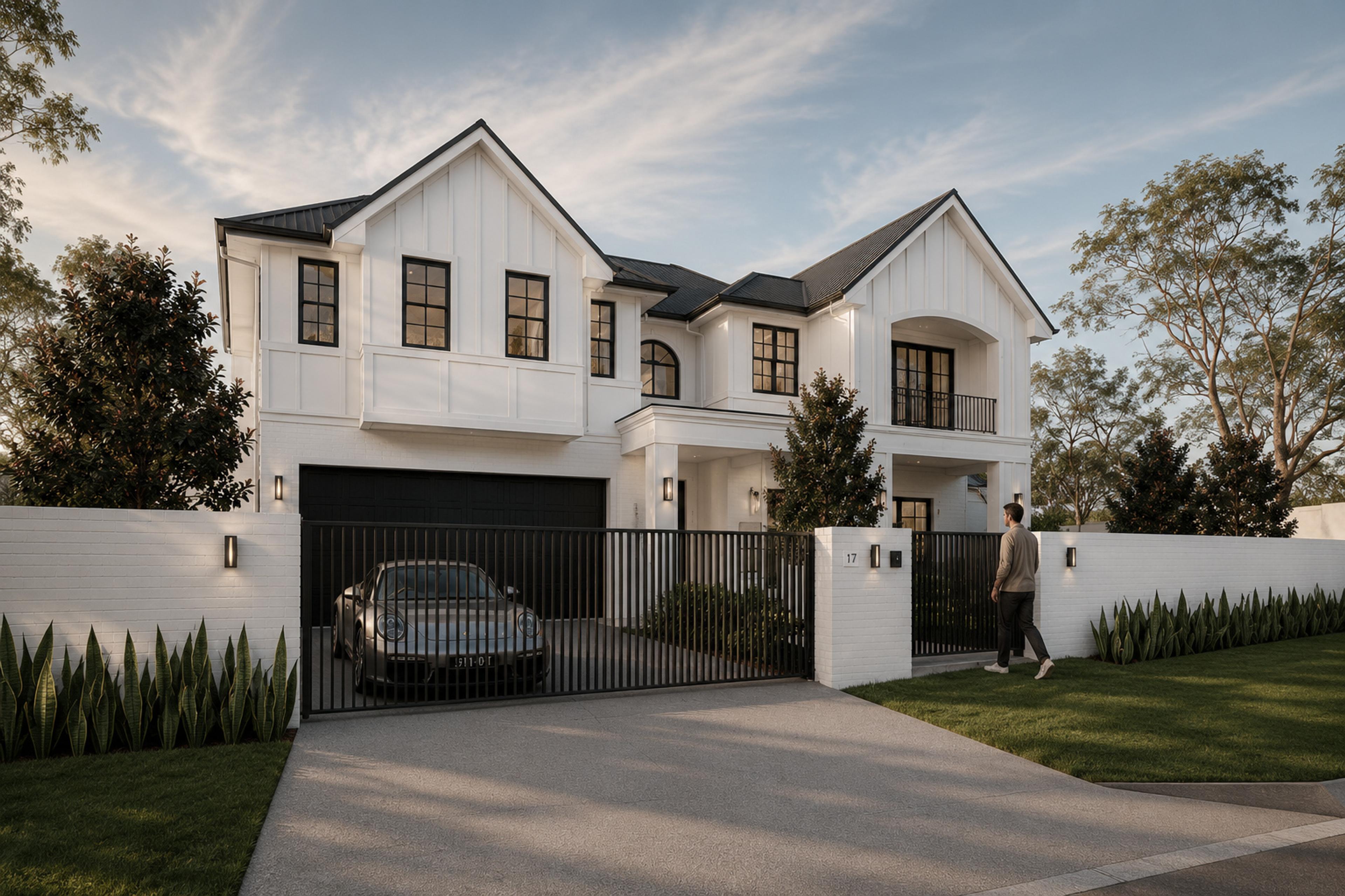 Three quarter street view of the white home at dusk with black gated garage, arched balcony and rendered boundary wall