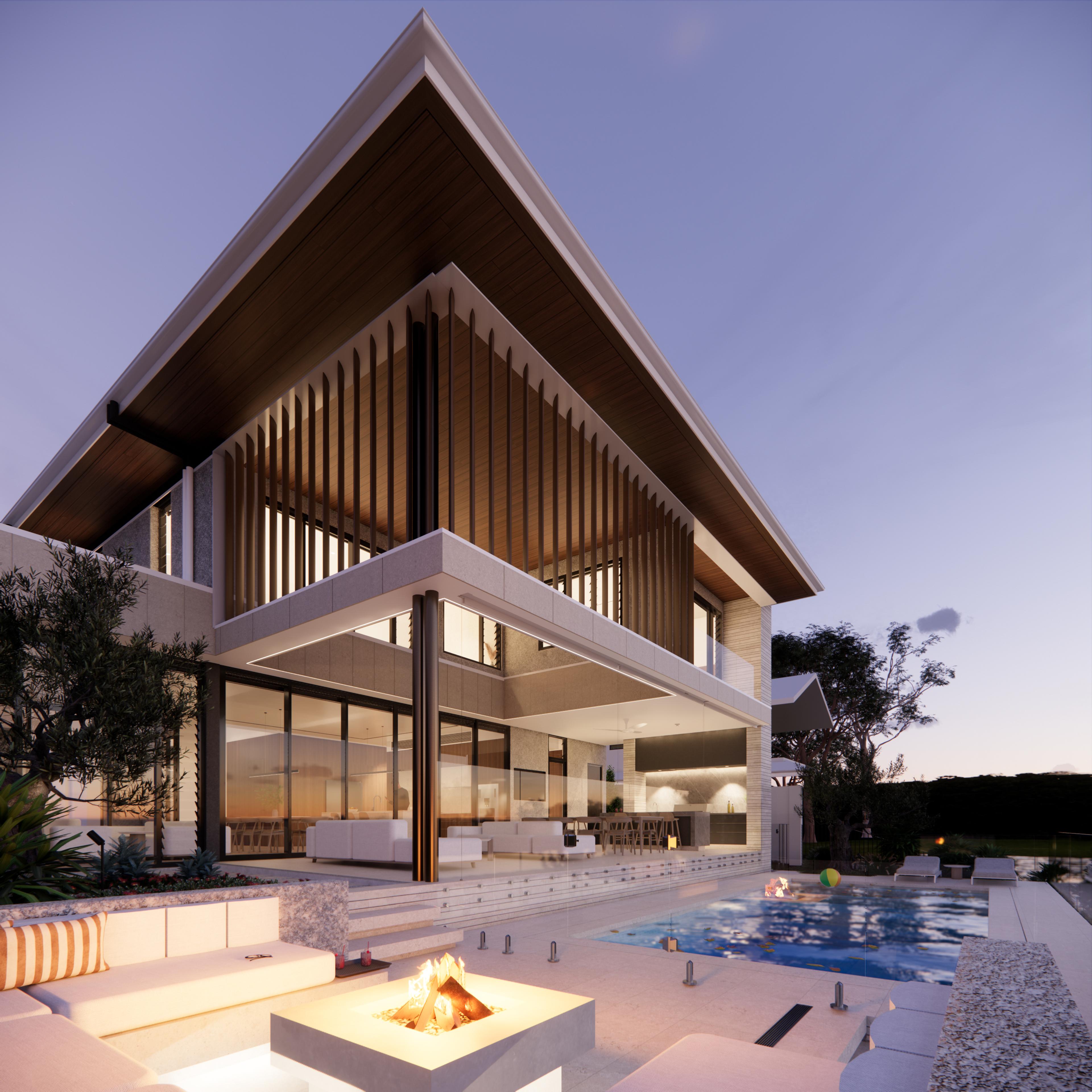 Dusk view of the glowing firepit and lounge with warmly lit interiors and pool beyond the terrace