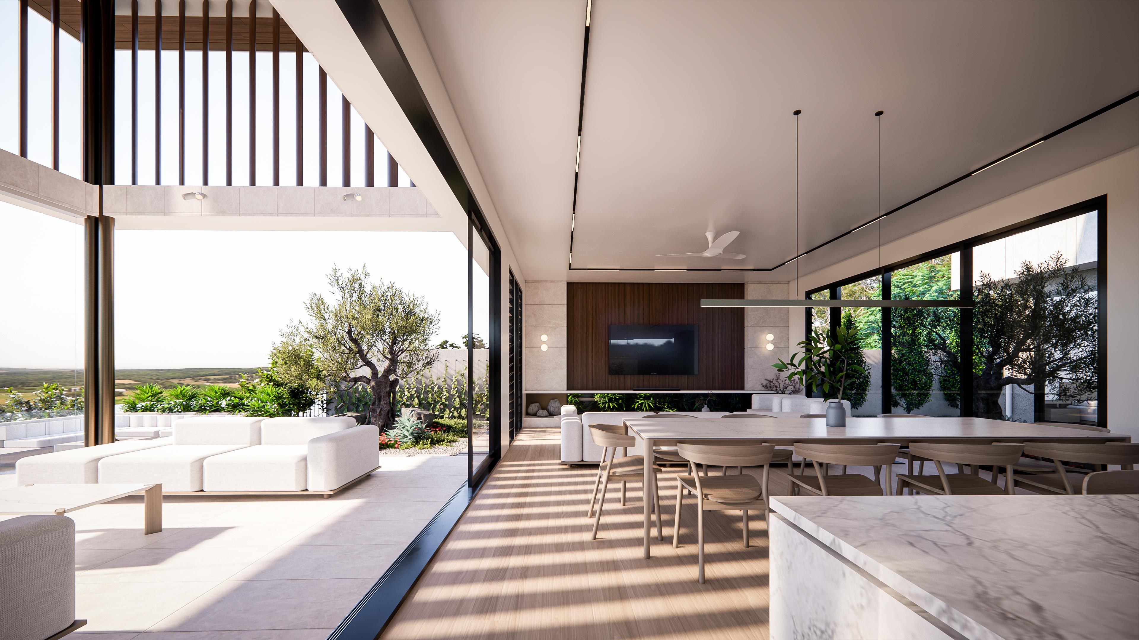 Living and dining area opening through sliding glass to the terrace with timber television wall and views