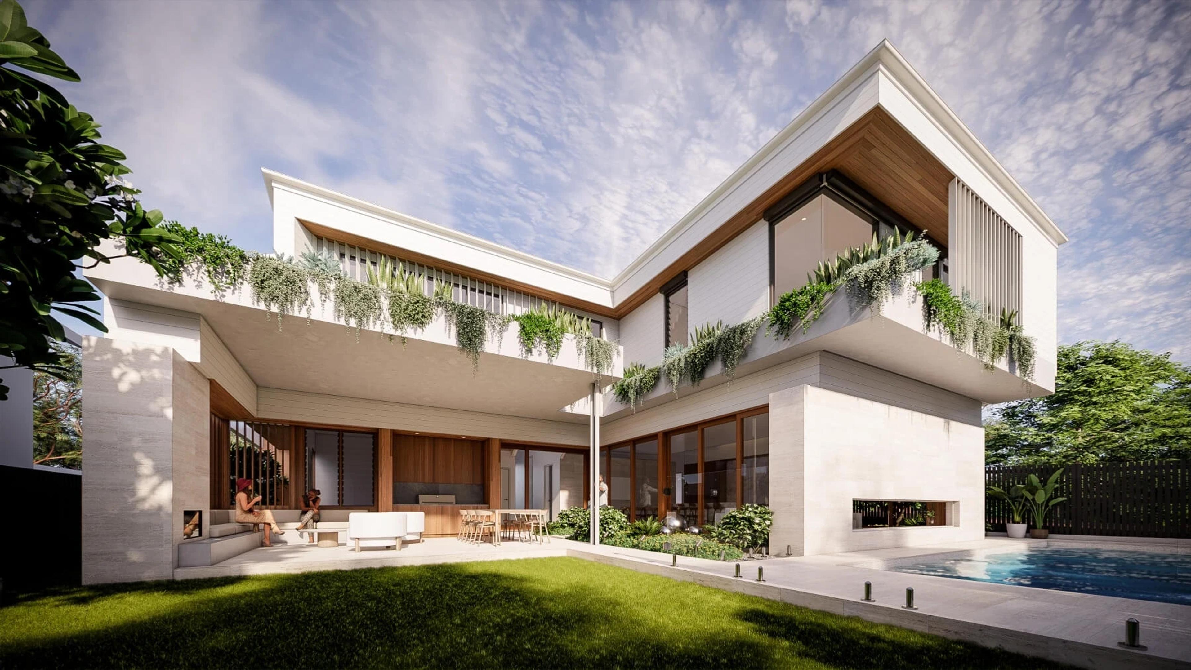 Rear exterior with pool, courtyard and covered outdoor living area