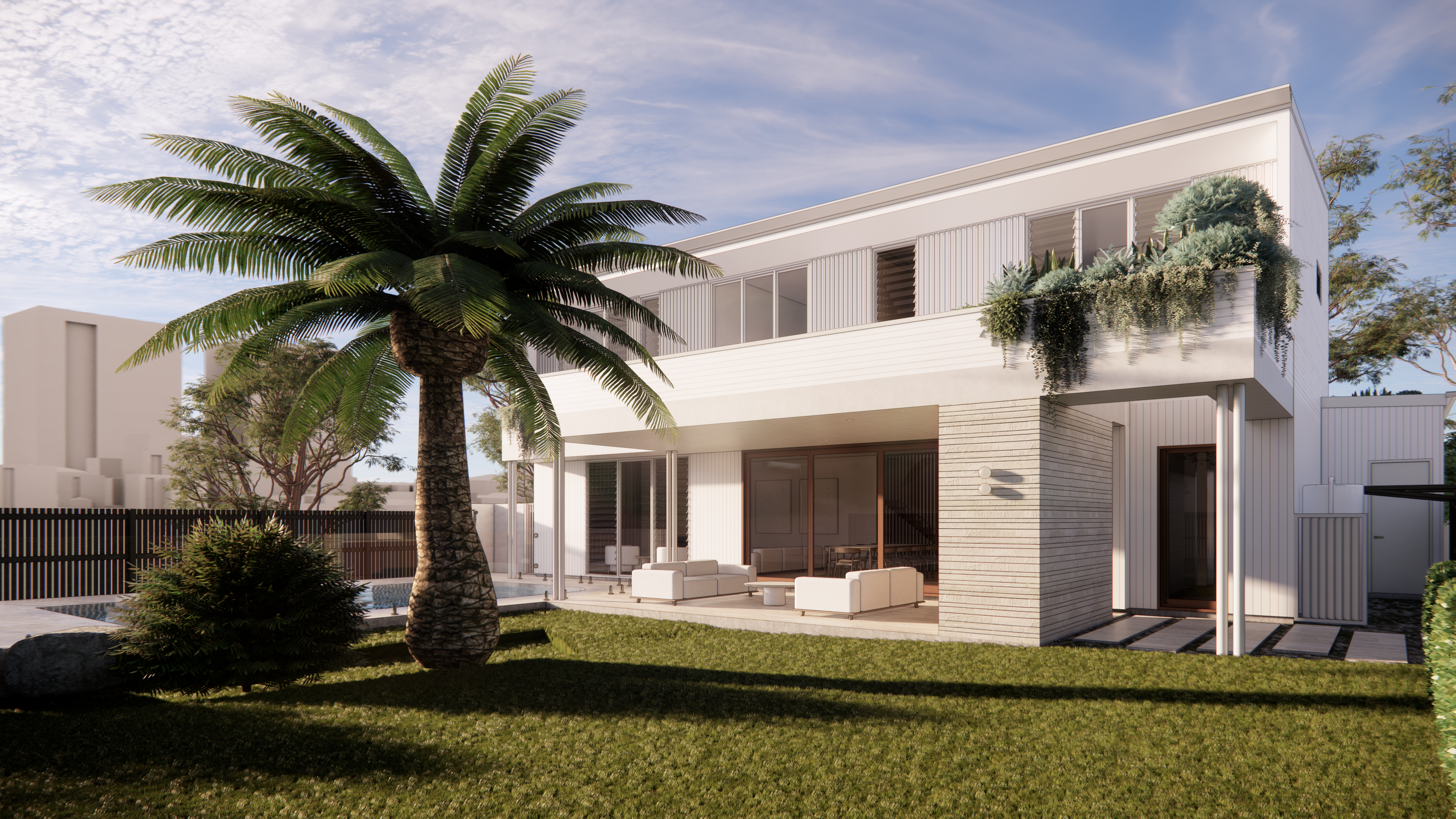 Rear garden view showing white two-storey home, cascading rooftop plants, poolside lawn and shaded outdoor lounge
