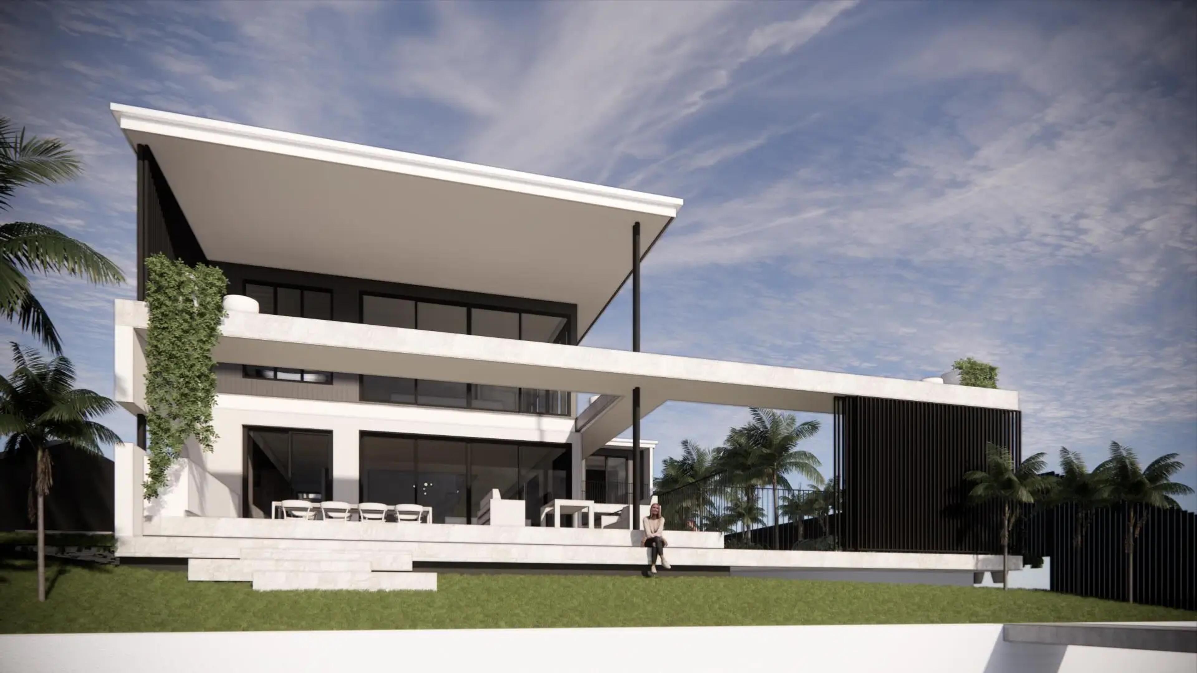 Rear elevation with cantilevered roof and covered outdoor terrace