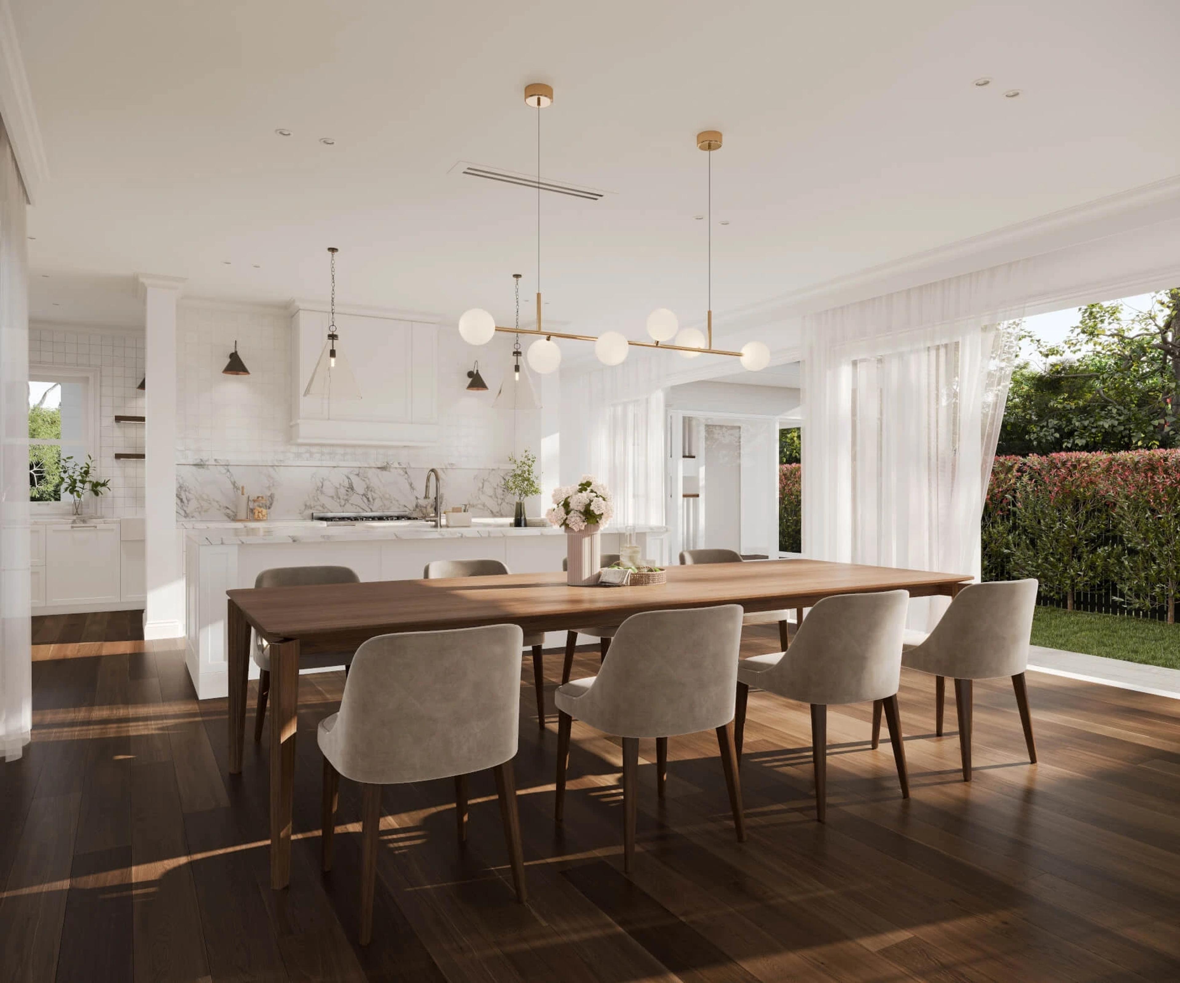 Dining table and white kitchen with pendant lighting