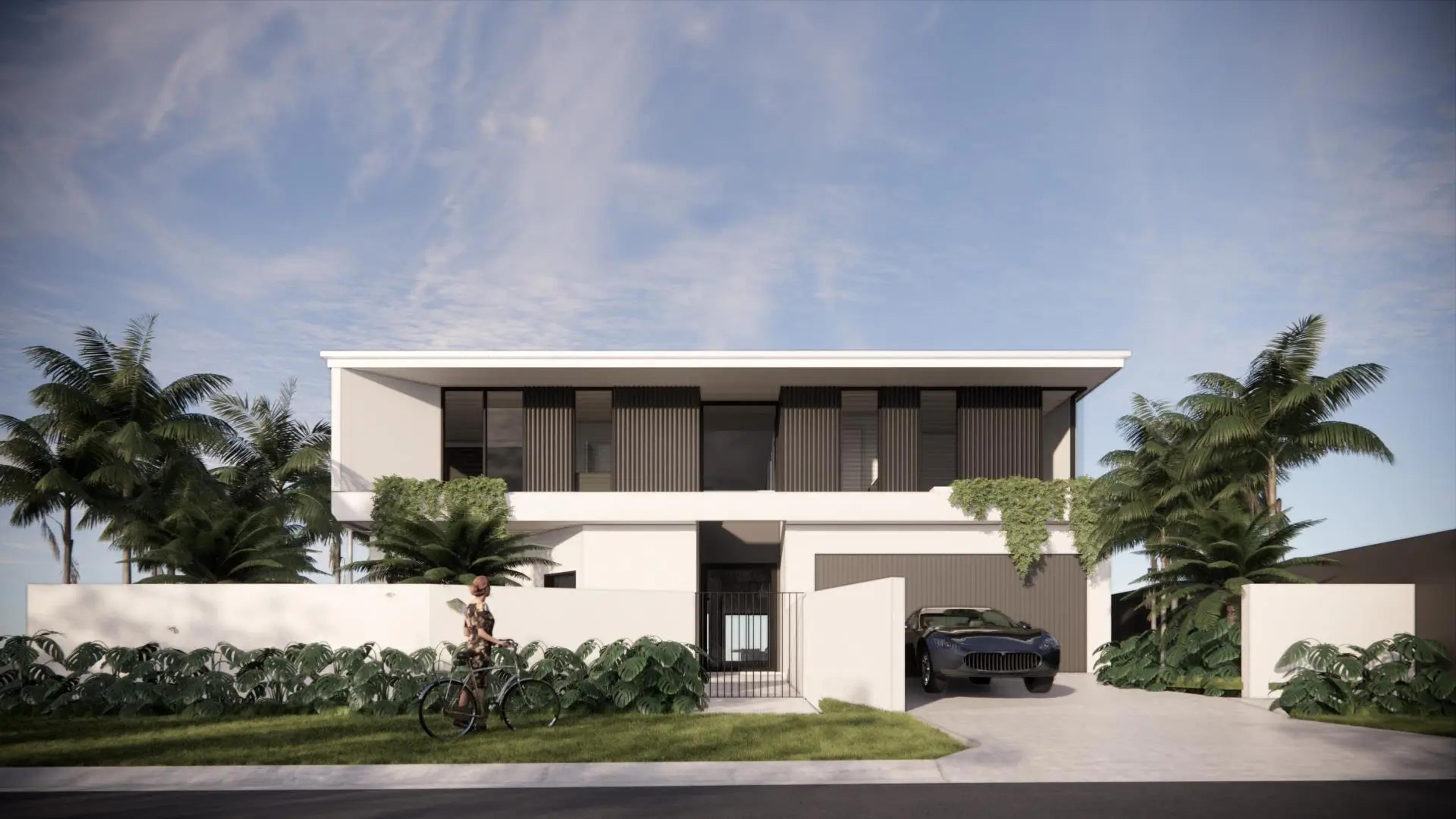 Street facing facade of modern two storey white home with garage