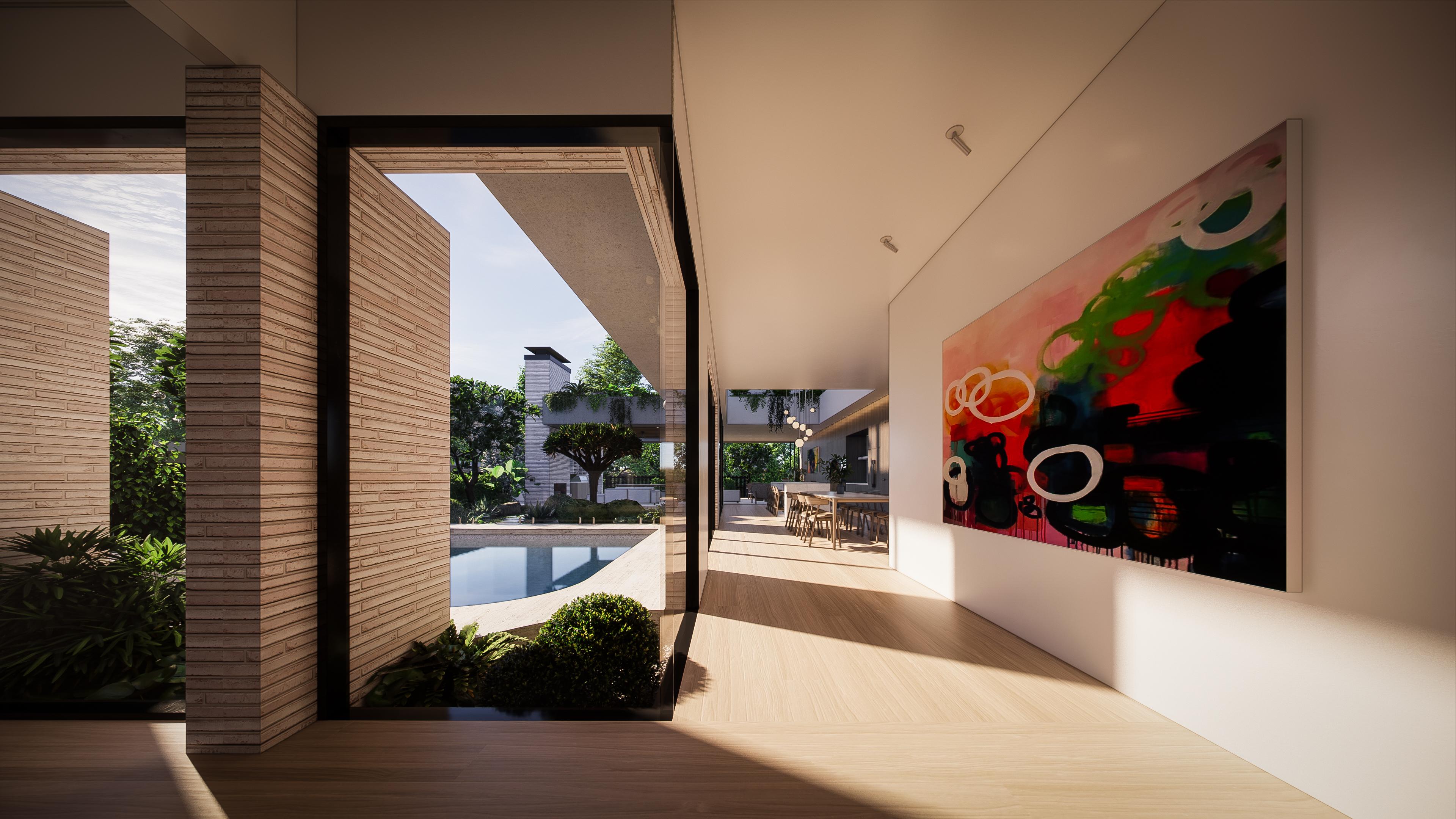 Entry hallway with a large colourful artwork, white brick reveals and a glazed outlook to the pool and courtyard