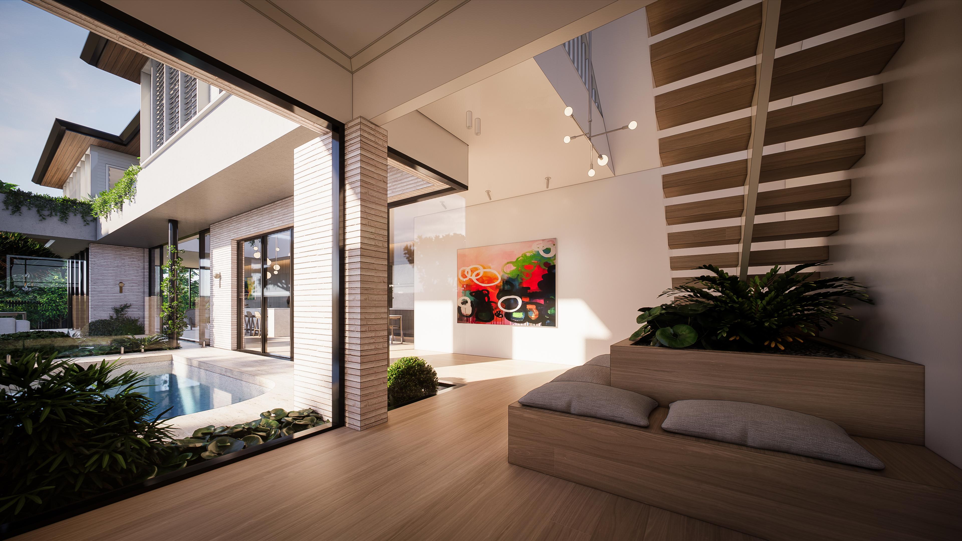 Timber platform lounge with planter beneath a floating staircase, opening through glass to the pool and courtyard