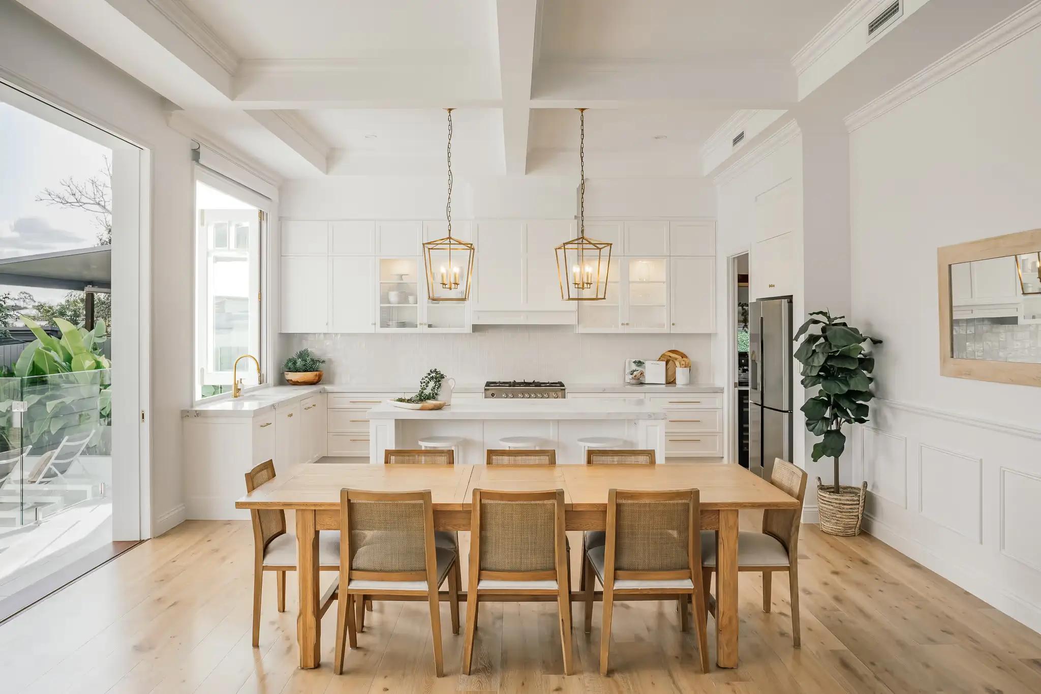 Hamptons style kitchen with coffered ceilings in a Norman Park house renovation