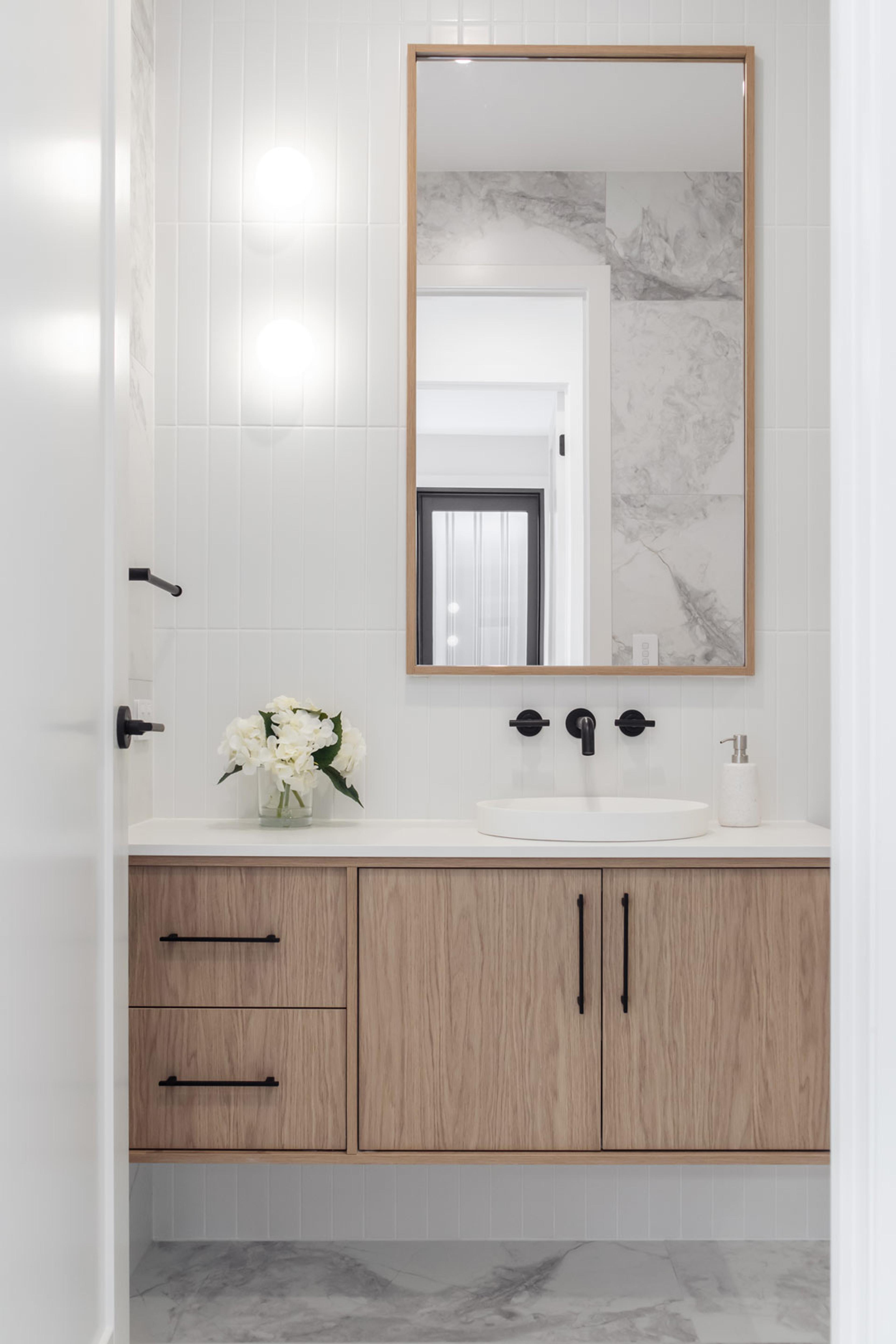 Timber vanity bathroom at Gilmore, Tarragindi, as featured in ABI Interiors 2022 design trends wrap-up