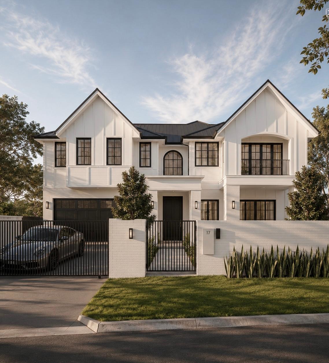 Symmetrical front facade of a white two storey home with twin gables, board and batten cladding and black metal roof