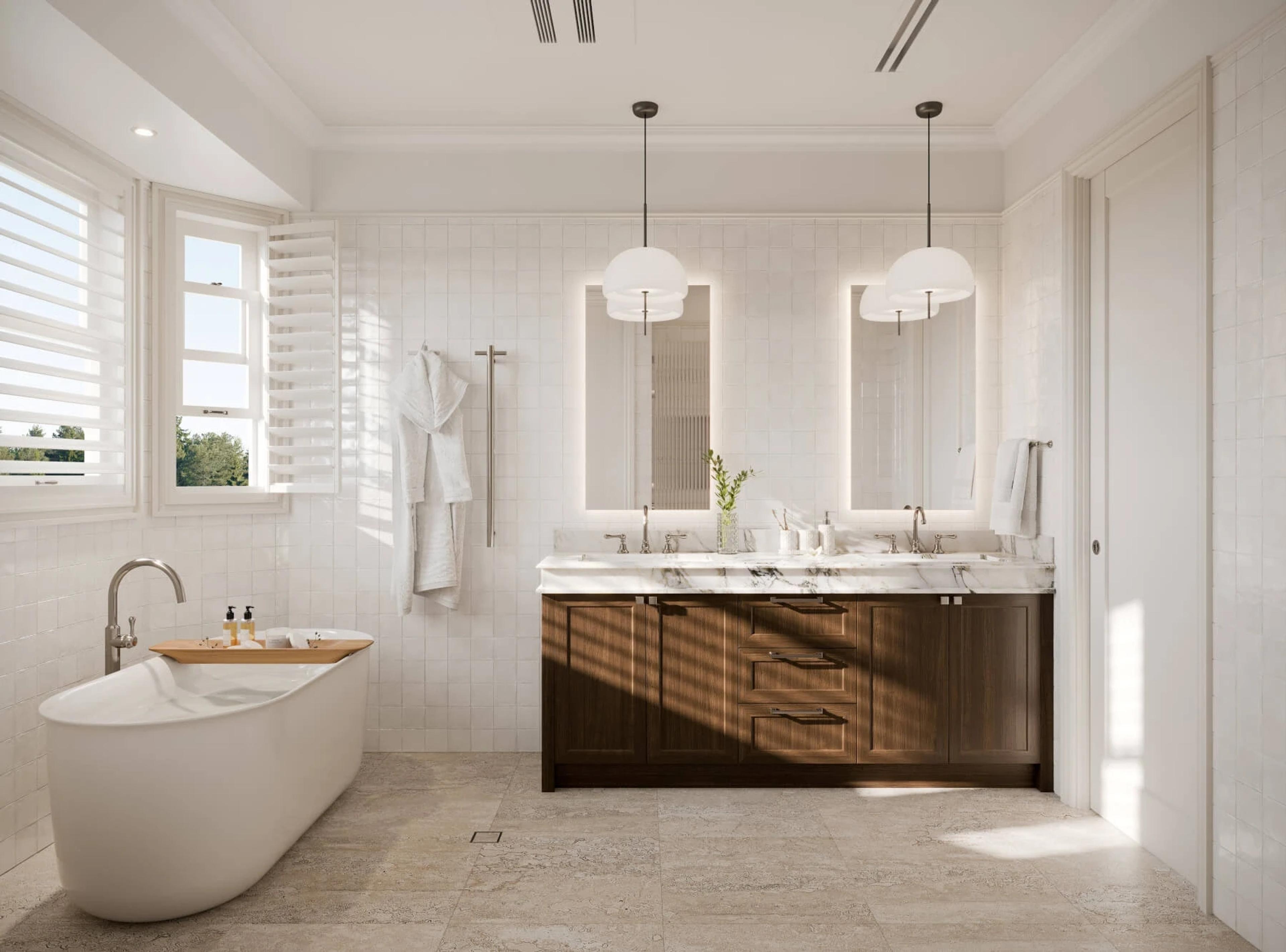 Bathroom with freestanding tub and timber double vanity
