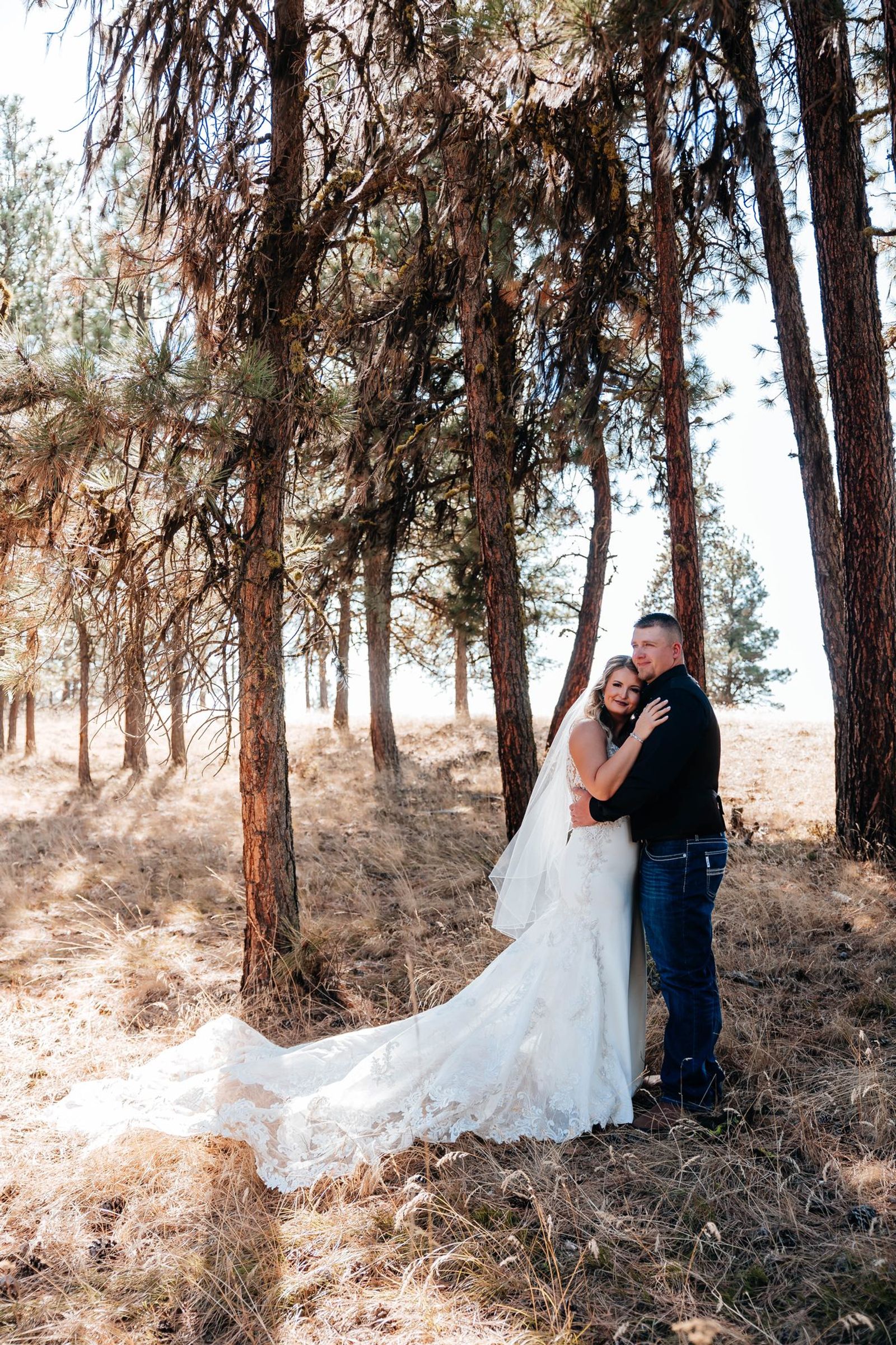Couple embracing among the pines