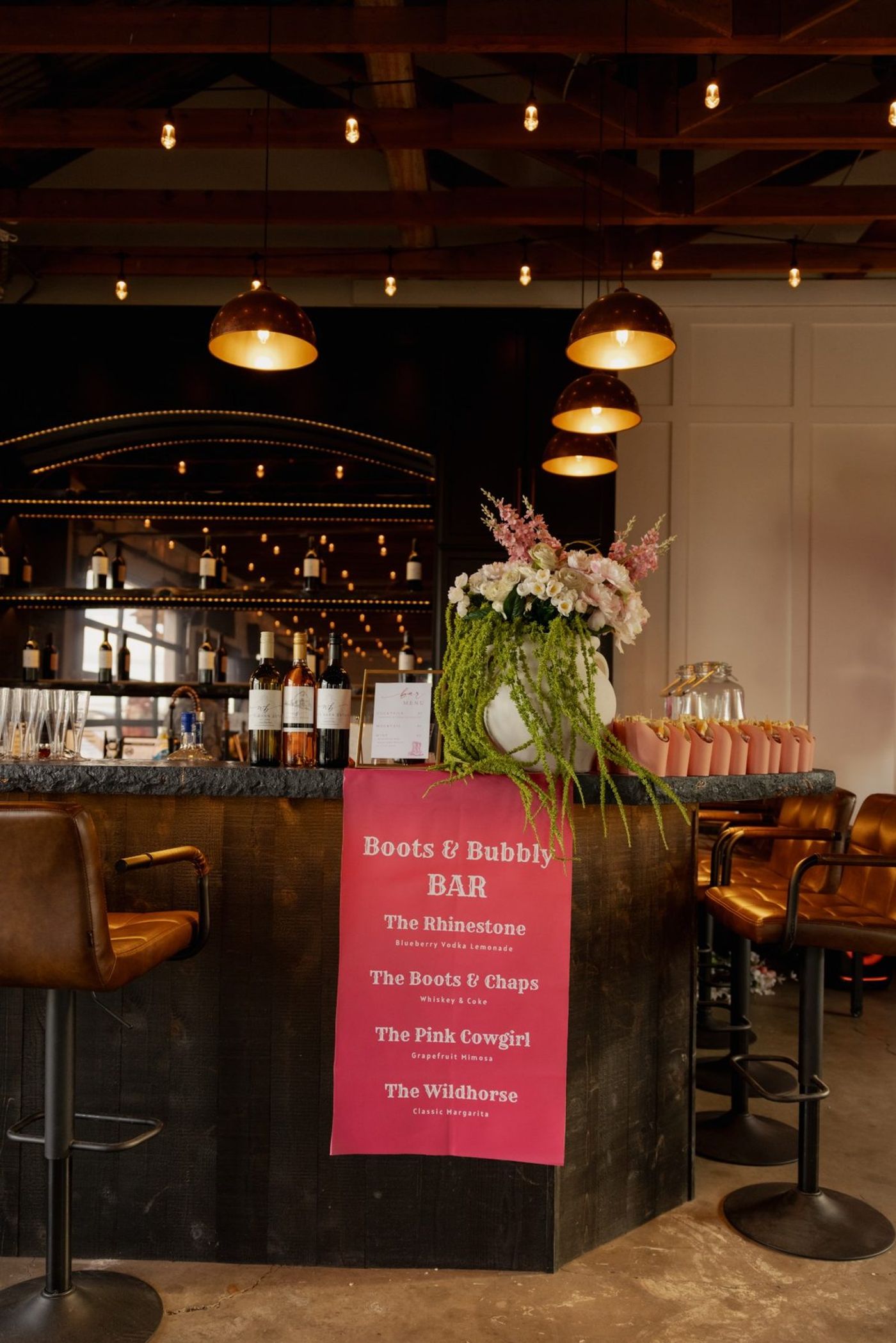 The Boots and Bubbly bar with its signature cocktail menu