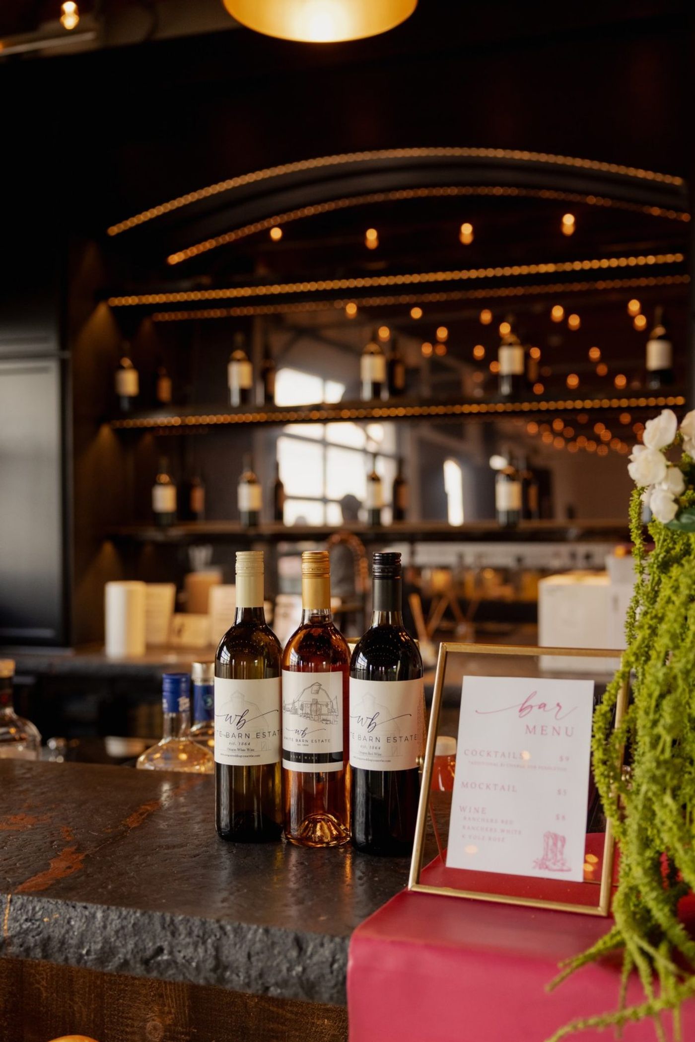 White Barn Estate wine and the bar menu on the counter