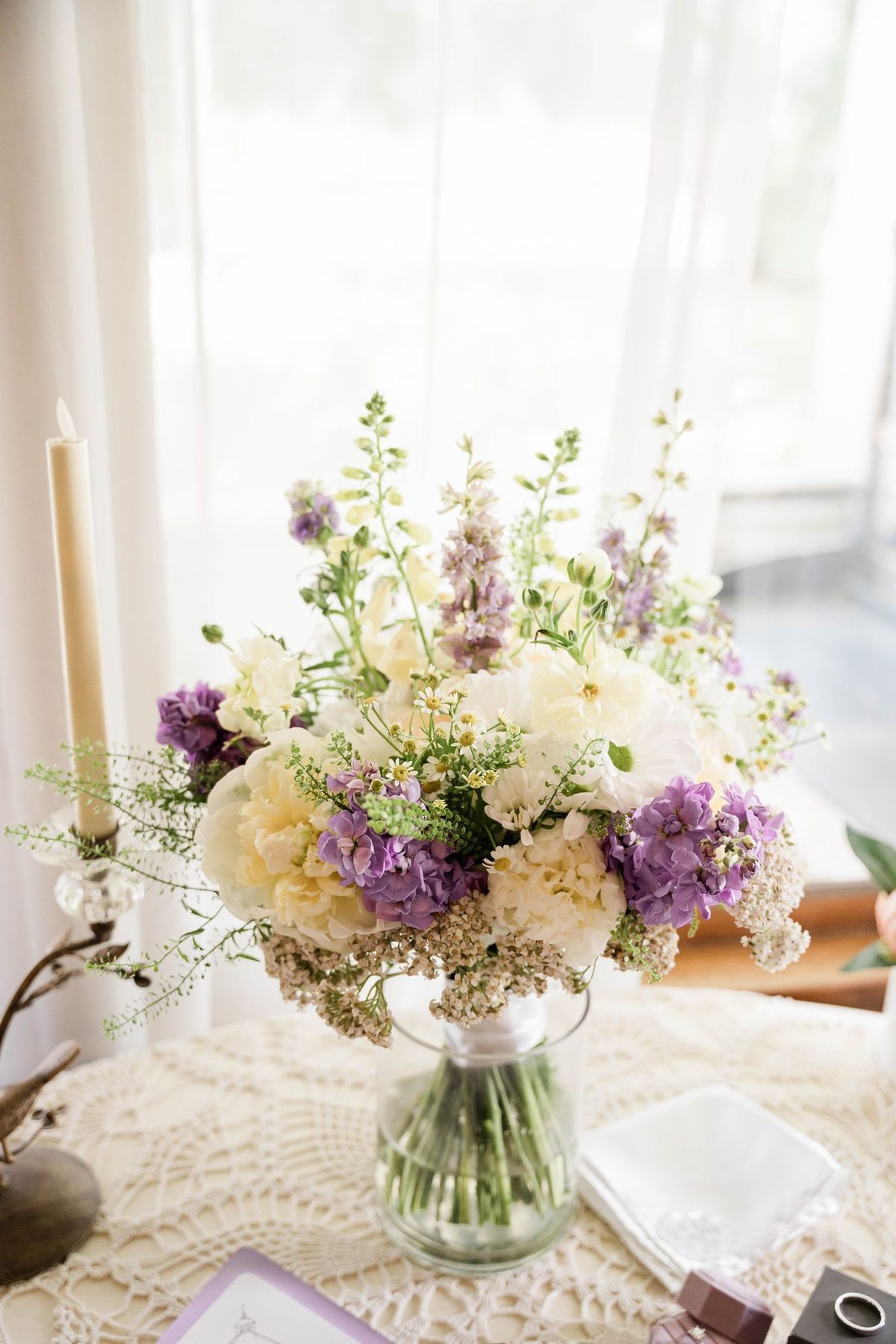 Lush floral centerpiece on a reception table