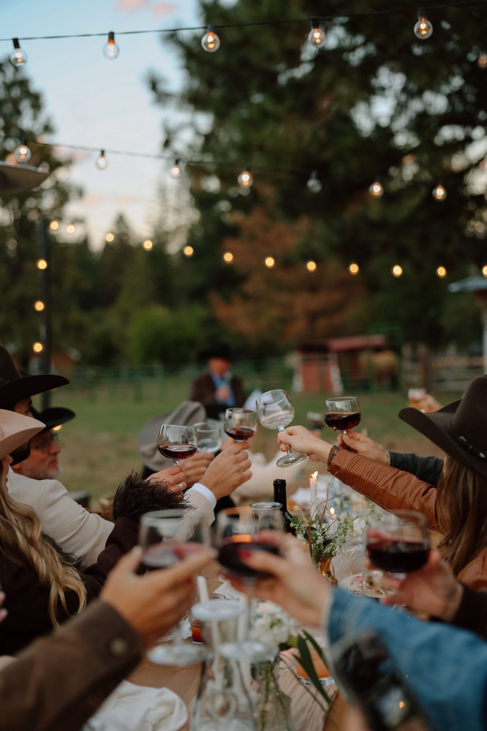 Guests raising a toast under string lights