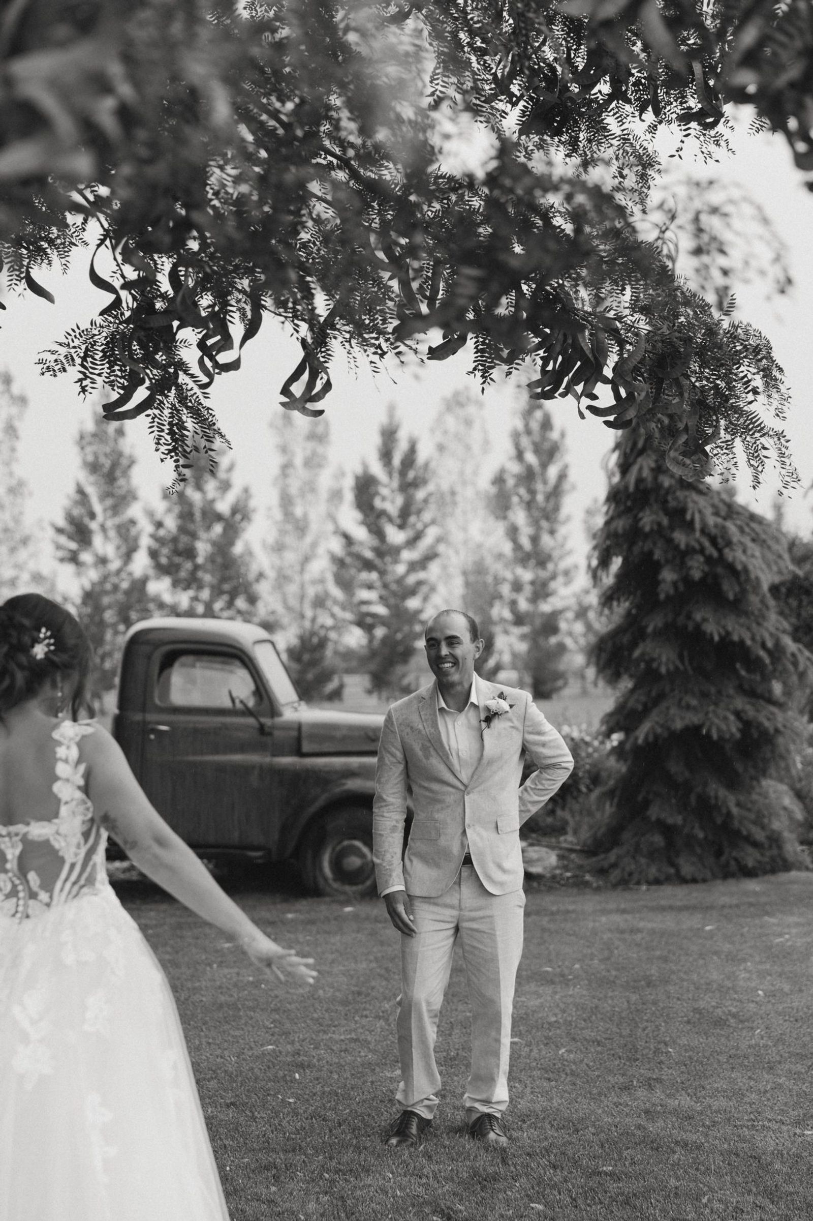 Black and white portrait with a vintage truck