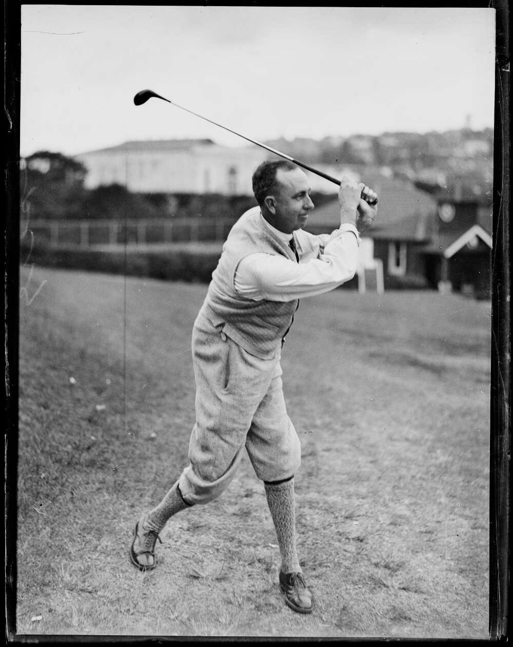 Golfer Eric Apperly taking a hit at the Open Championship, NSW, 21 December 1934