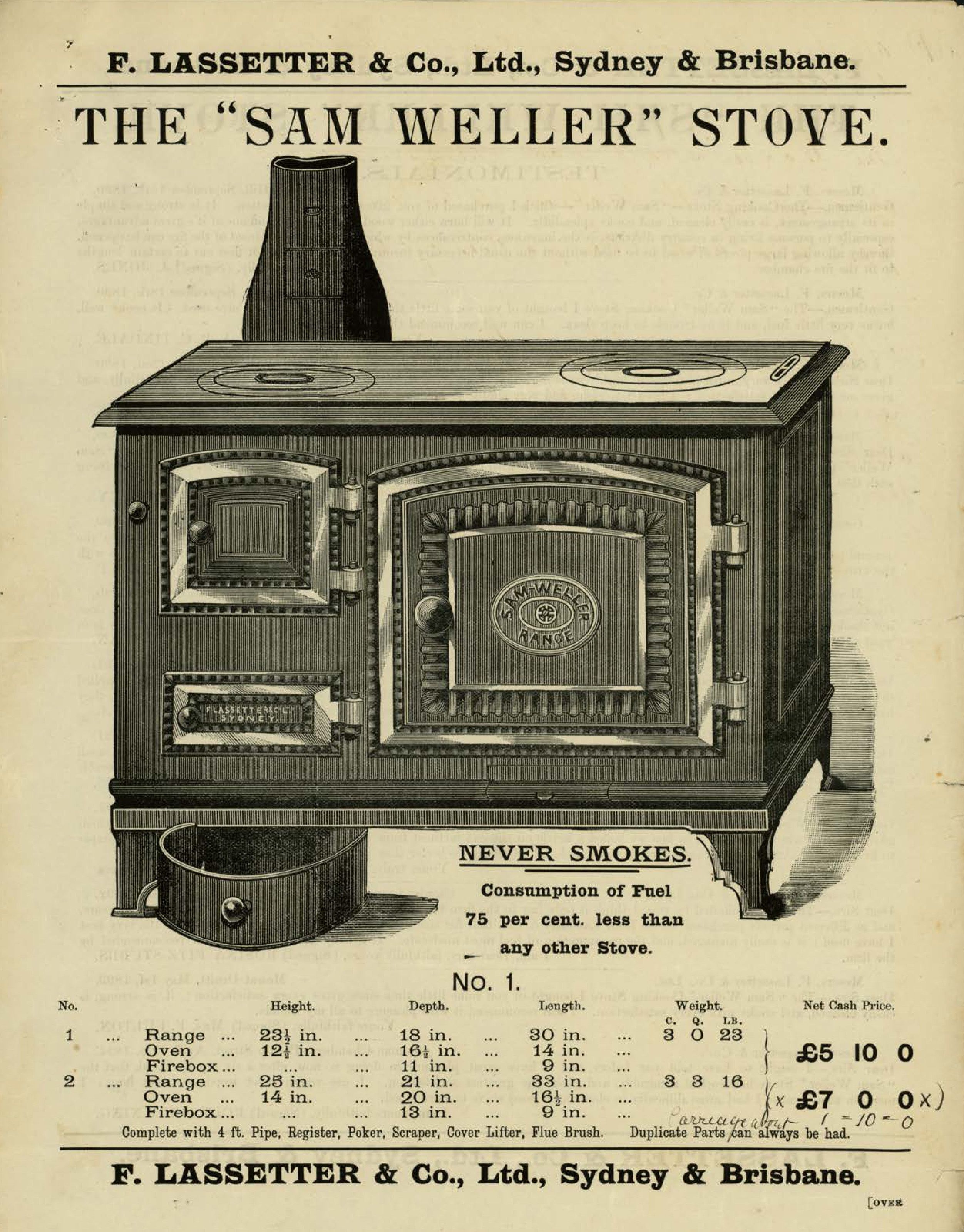 The ‘Sam Weller’ stove, illustrated in a catalogue, c1897. Black on an aged looking paper.