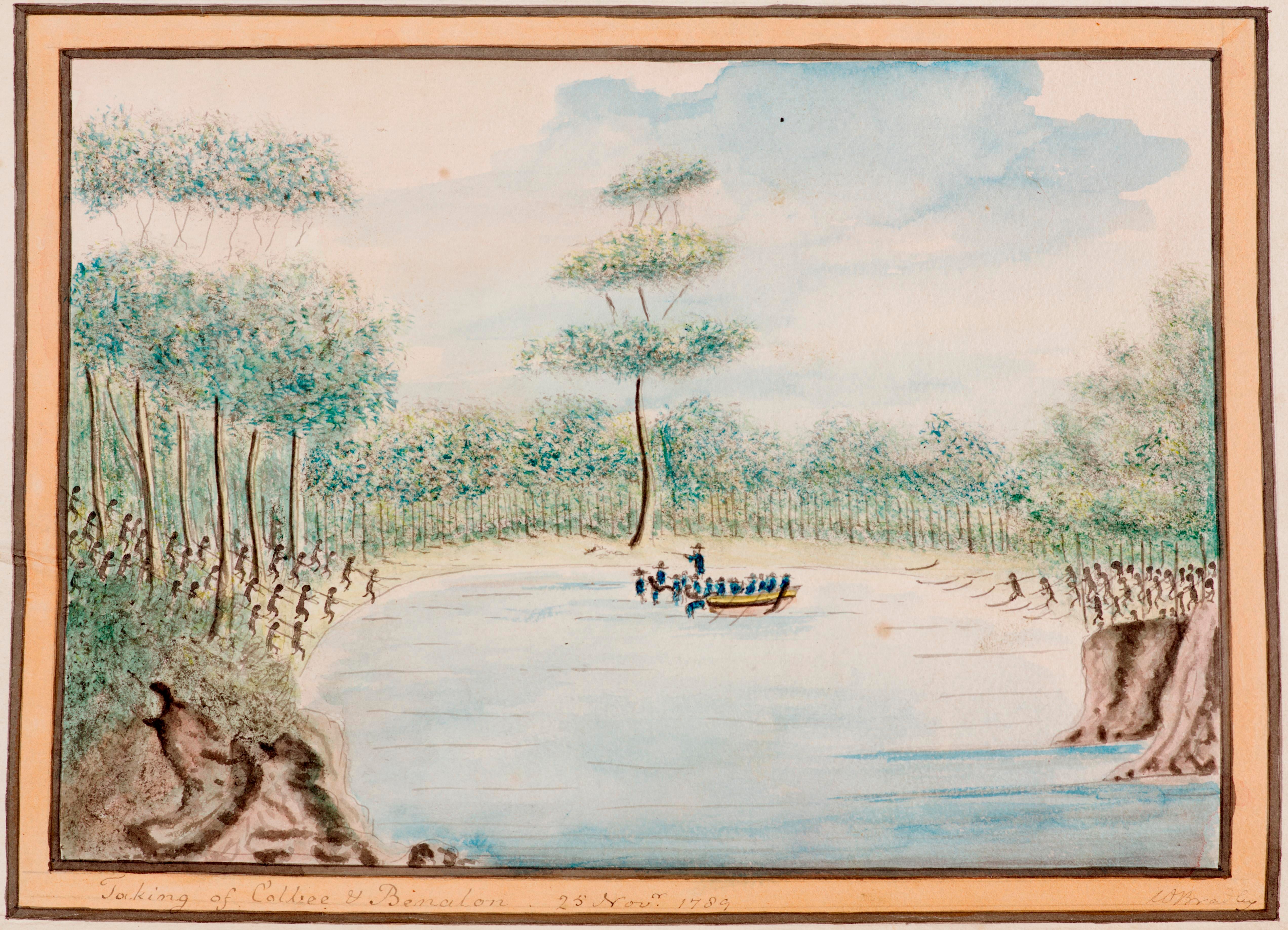 Painting of a boat in the harbour with figures on the shoreline.