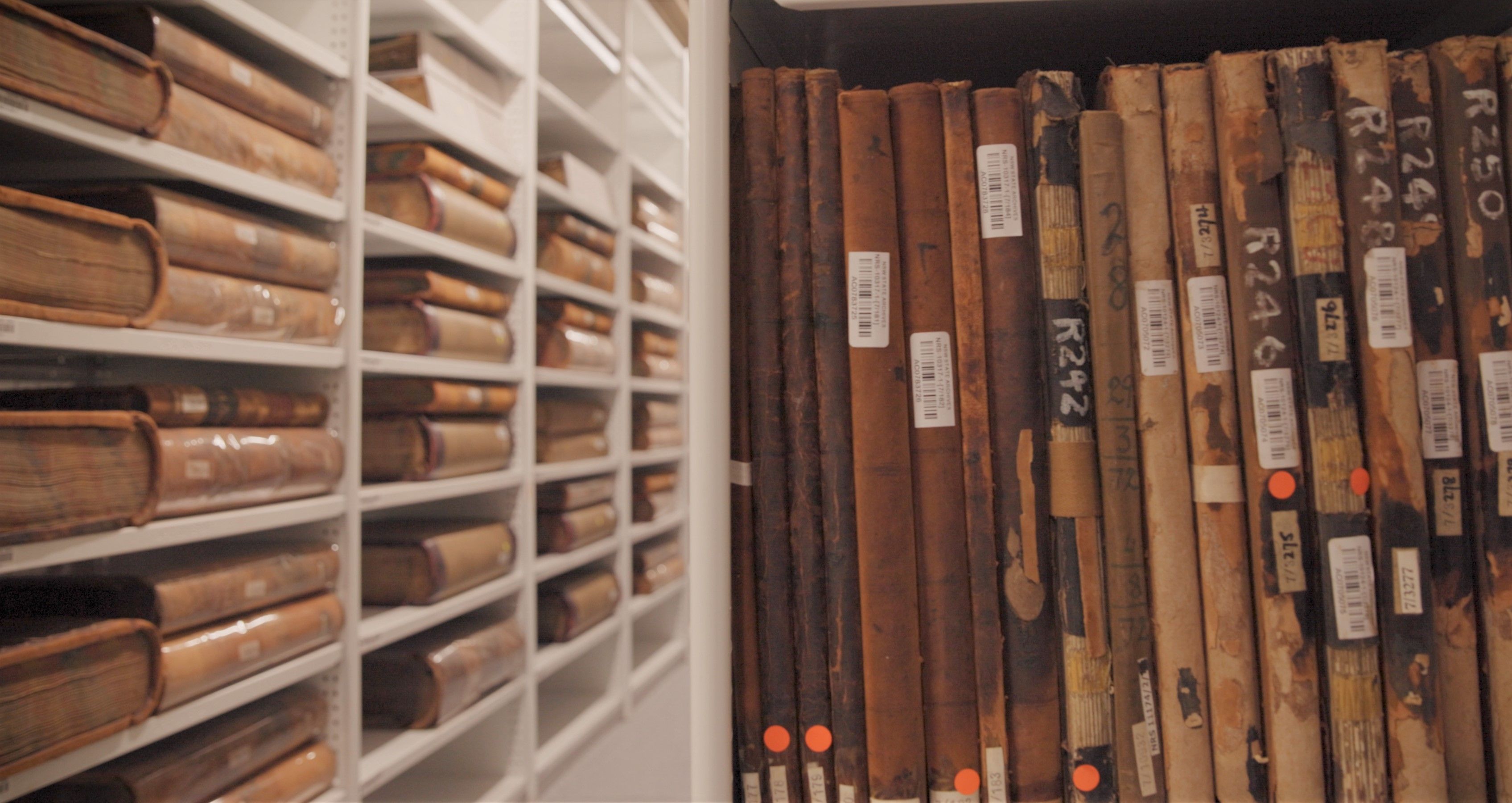 Archival volumes on storage shelves