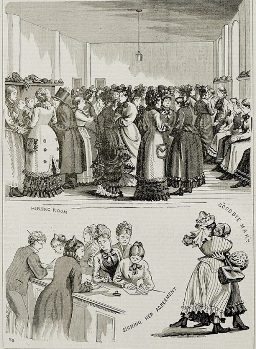 An etching showing three views of women in formal dress.